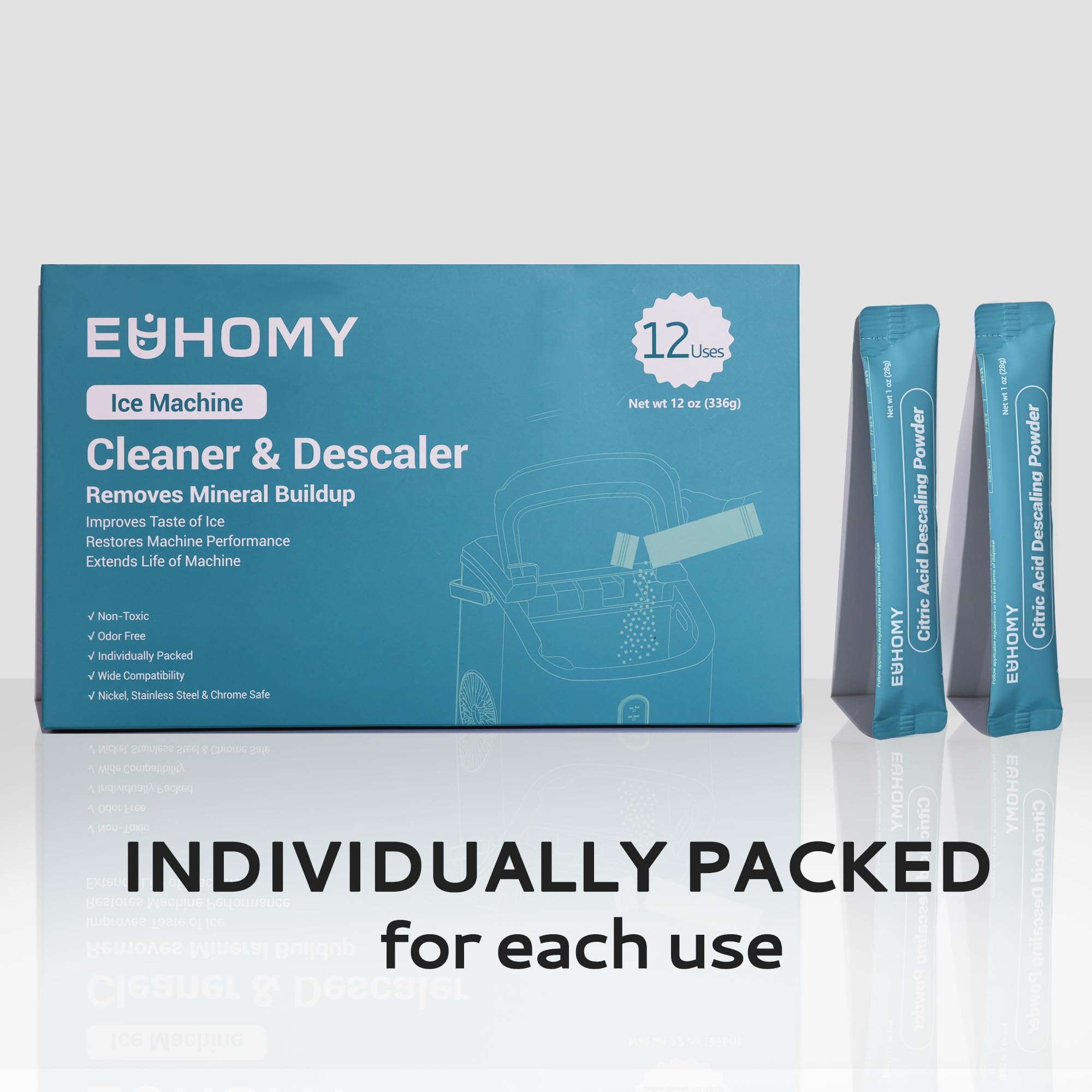 EUHOMY Ice Maker Cleaner & Descaler | 12 Use & Individually Packed | Ice Machine Cleaner with Organic Citric Acid Descaling Powder, Ideal for All Brands
