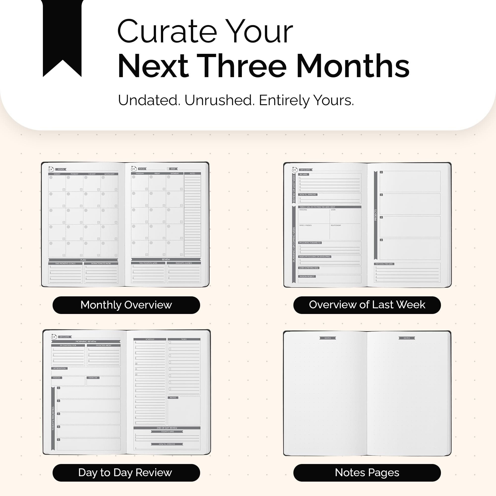 Panda Planner Classic A5 Daily Planner 2026 - Undated Quarterly & Productivity Planner with Hourly Schedule, To Do List, Daily Journal, Goal Planner, Habit Tracker & Gratitude Organizer – Black