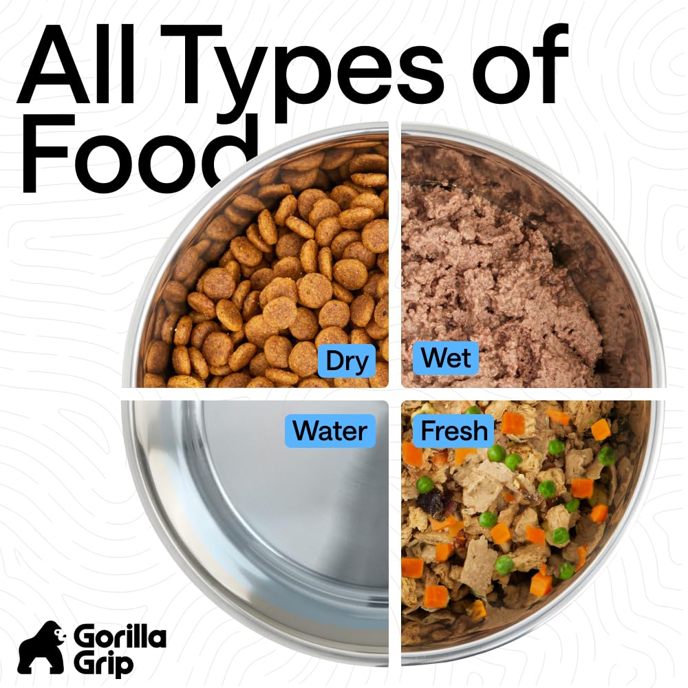 GORILLA GRIP Dog Bowls, Heavy Duty 304 Stainless Steel, Holds 2 Cups Each (16 fl oz) Food and Water Bowl for Feeding Dogs and Cats, Dishwasher Safe, Rust Resistant, BPA Free Rubber Base Set of 2 Black