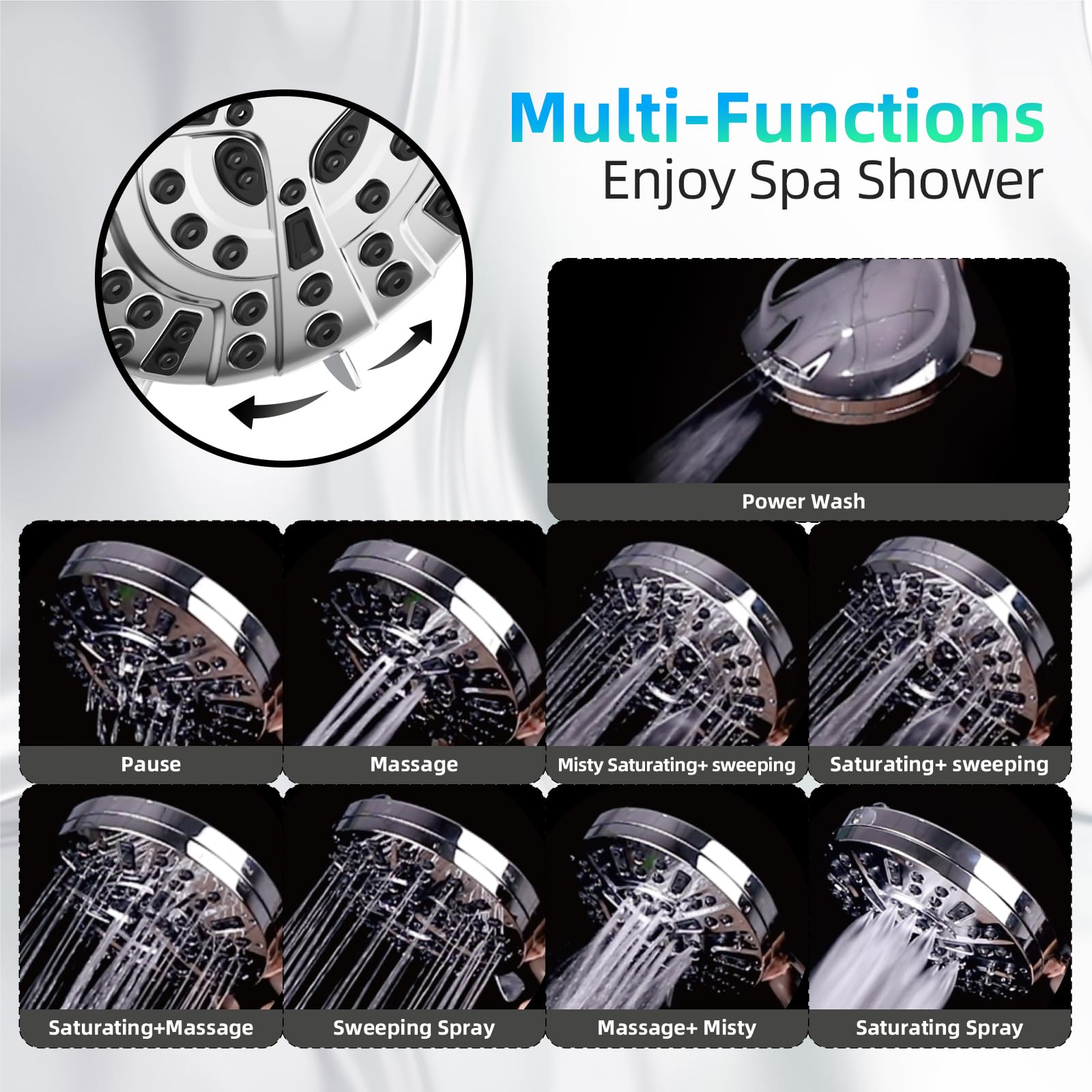 BESAQUO Shower Head,10 Functions High Pressure shower head with handheld, Built-in Pause Mode & Power Wash, Non-Clogging Nozzles High Flow Hand Held Shower Head, Leakproof 6ft Hose&Adjustable Bracket