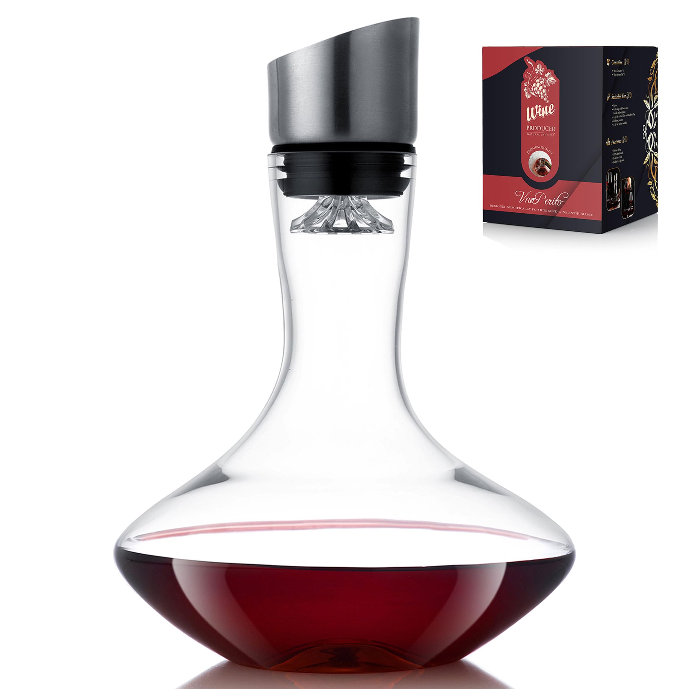 VnoPerito Wine Decanter, Red Wine Carafe, Decanter with Built-in Aerator Pourer, 100% Hand Blown Lead-free Crystal Glass with Stainless Steel Pourer Lid, Filter, Wine Gifts for Men
