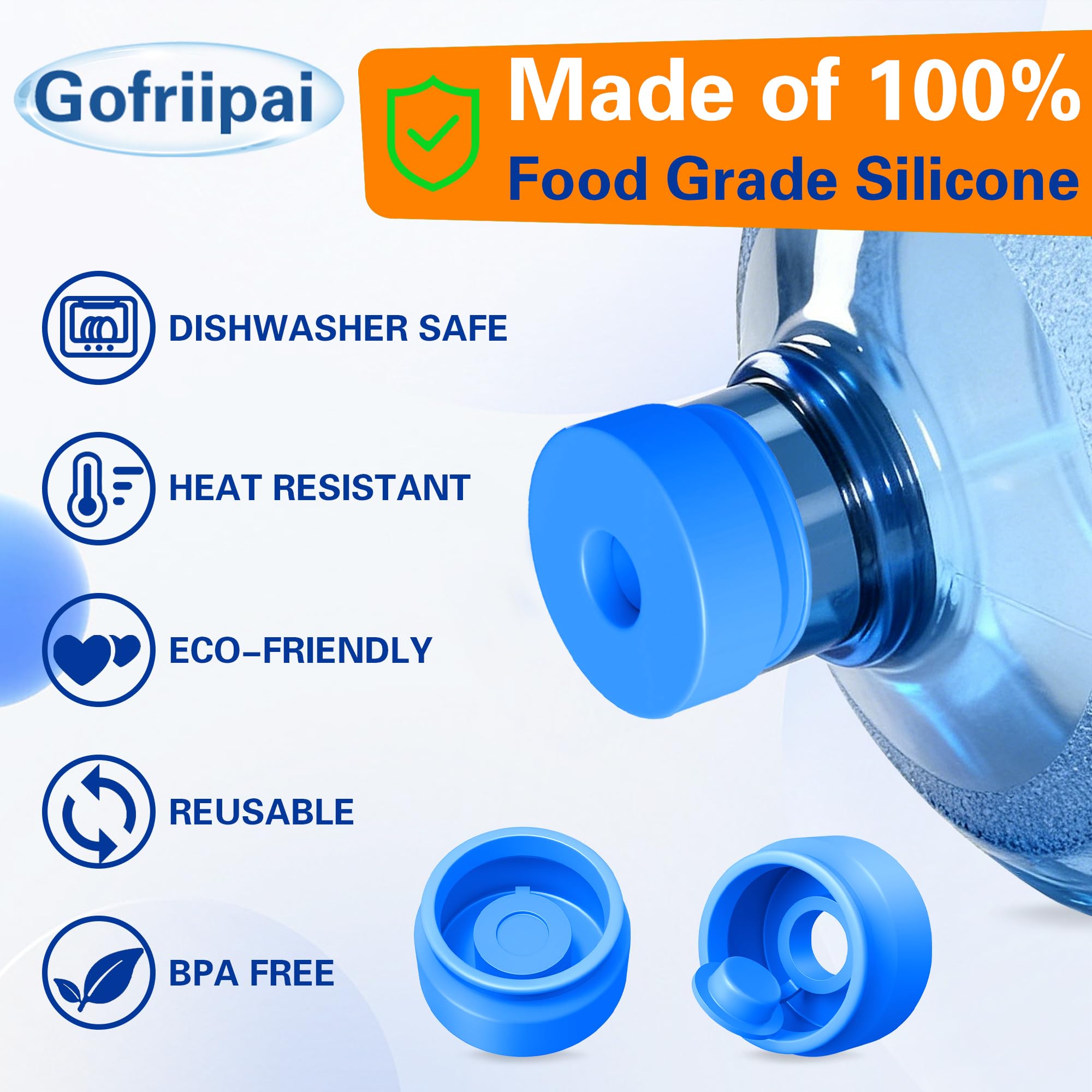 Gofriipai 3 and 5 Gallon Water Jug Cap, Silicone Reusable Replacement Cap, Non Spill Bottle Caps for 55mm Bottle Water Dispenser Caps - Pack of 3