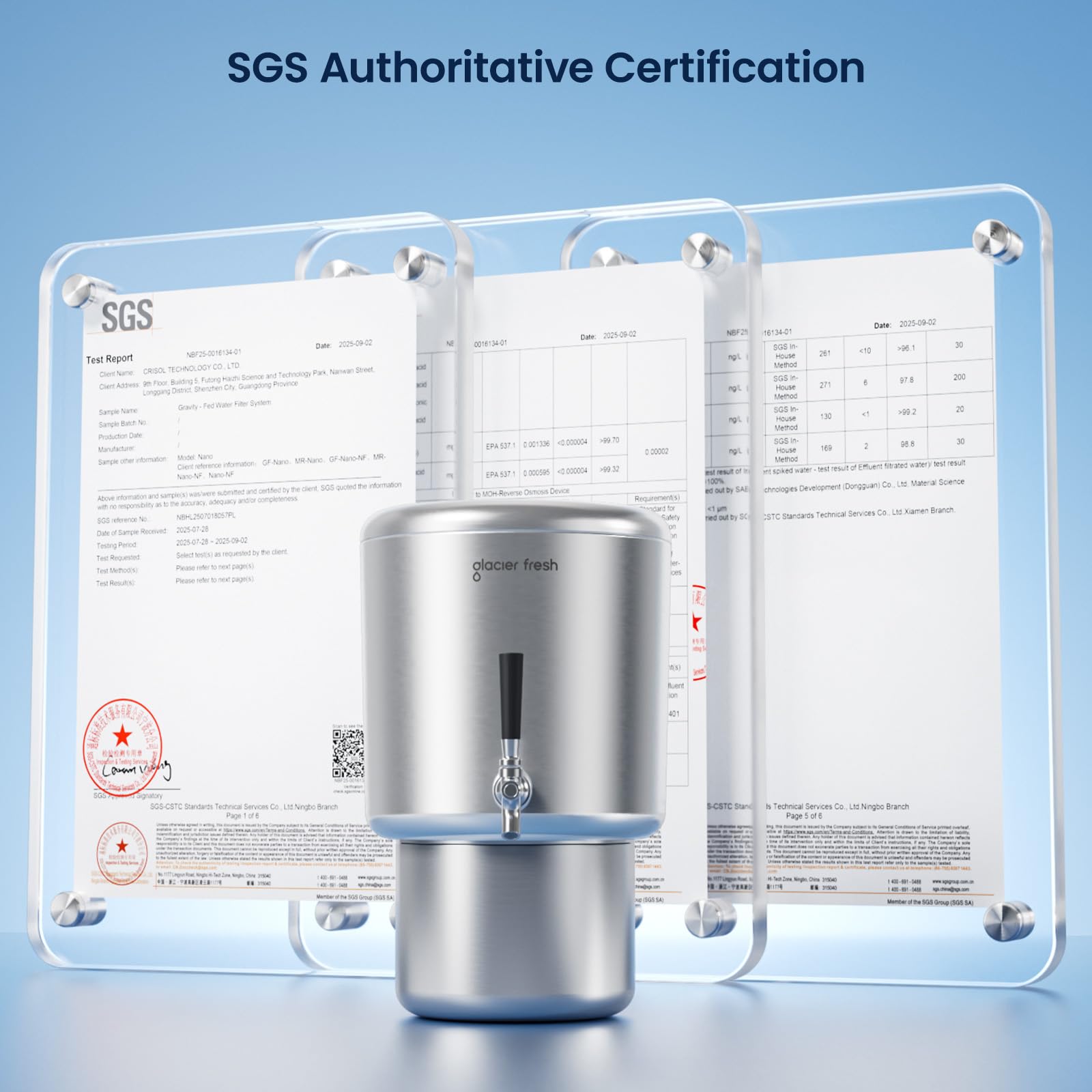 GLACIER FRESH 2.25G Stainless Steel Countertop Water Filtration System, Gravity-Fed with Elarisey™ Filtration Technology, Reduces Heavy Metals, PFOA & PFOS, and Meets SGS Standards