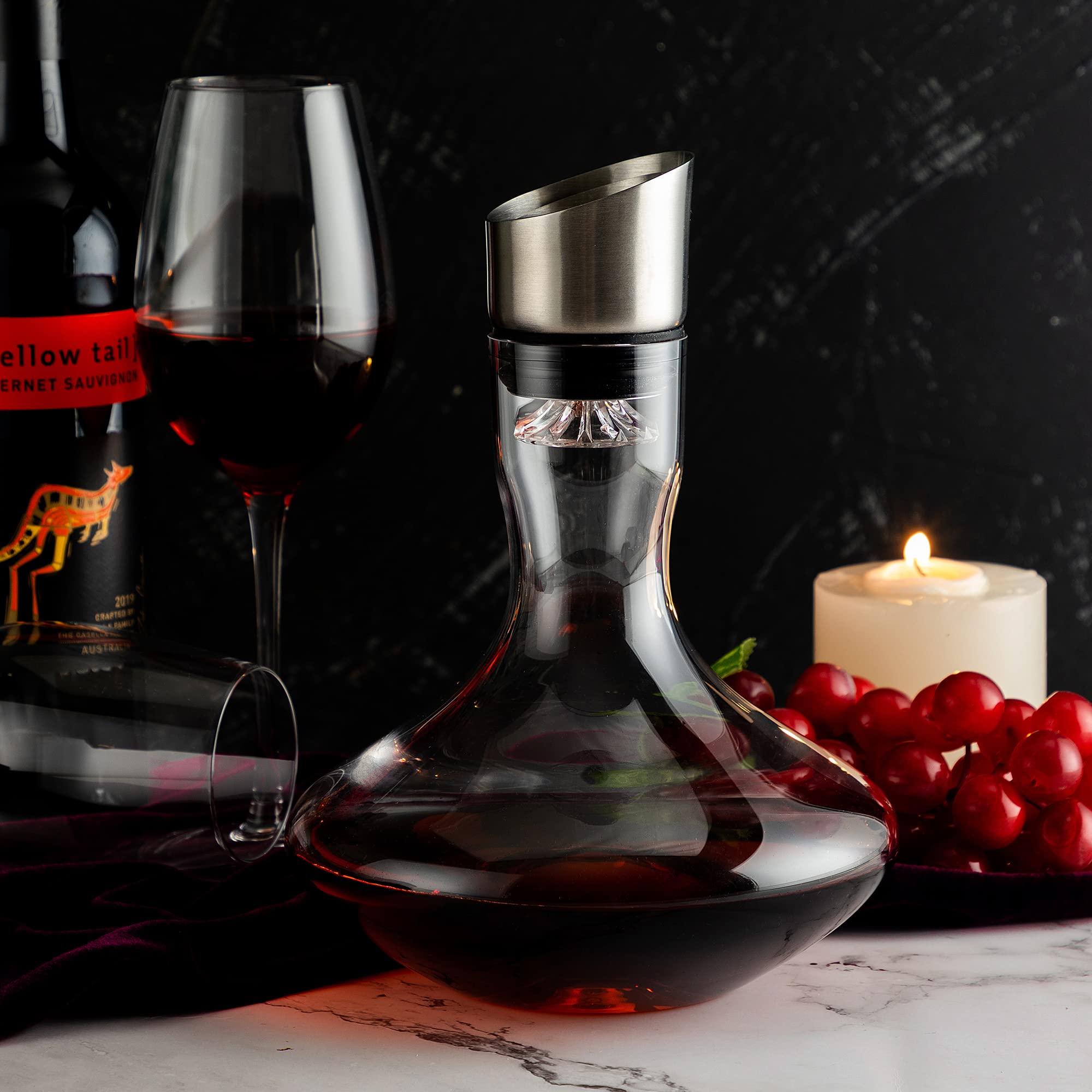 VnoPerito Wine Decanter, Red Wine Carafe, Decanter with Built-in Aerator Pourer, 100% Hand Blown Lead-free Crystal Glass with Stainless Steel Pourer Lid, Filter, Wine Gifts for Men