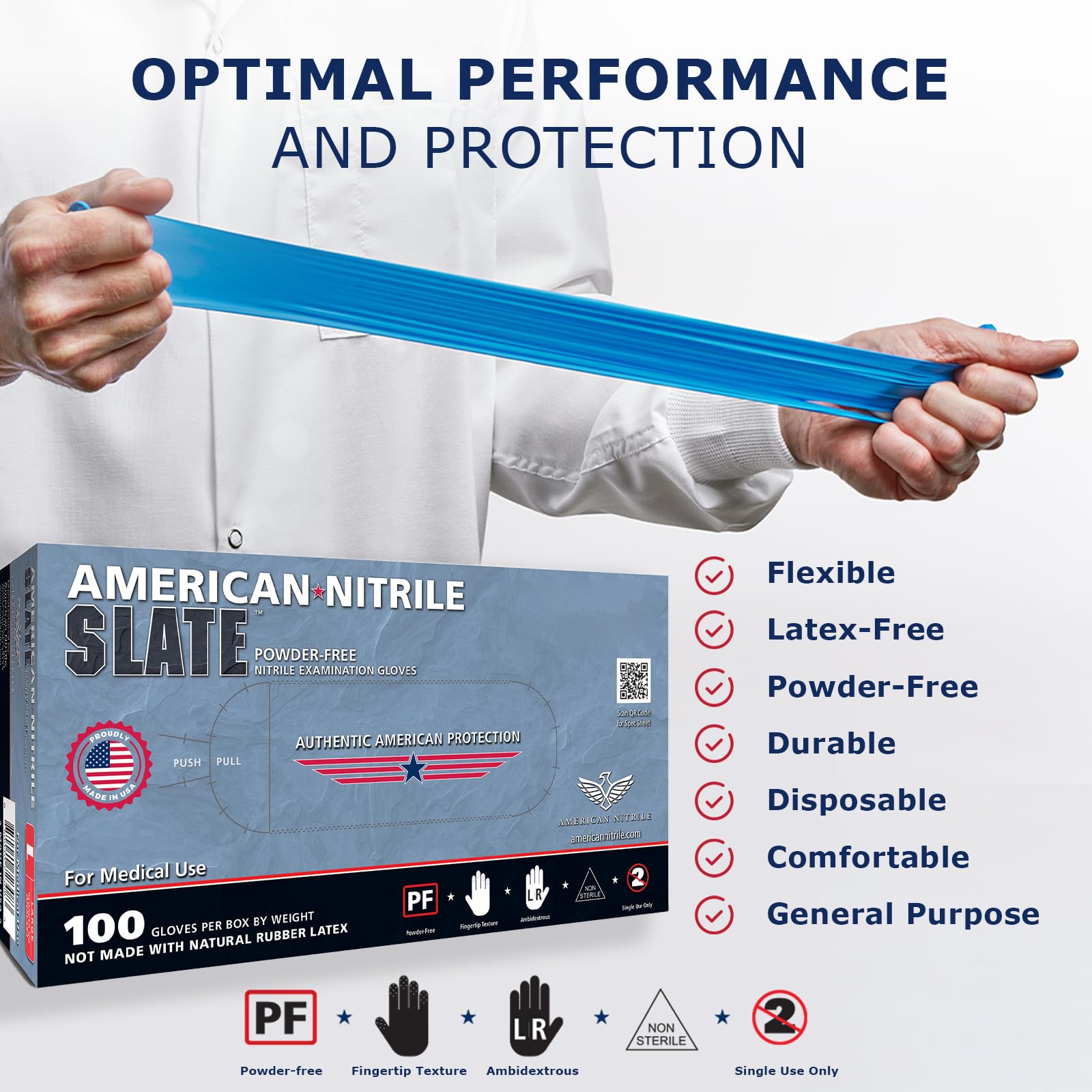 American Nitrile – Slate Powder Free Nitrile Gloves – Latex Free Disposable Gloves – Medical, Mechanic, Esthetician, Tattoo Artist– Made in the USA