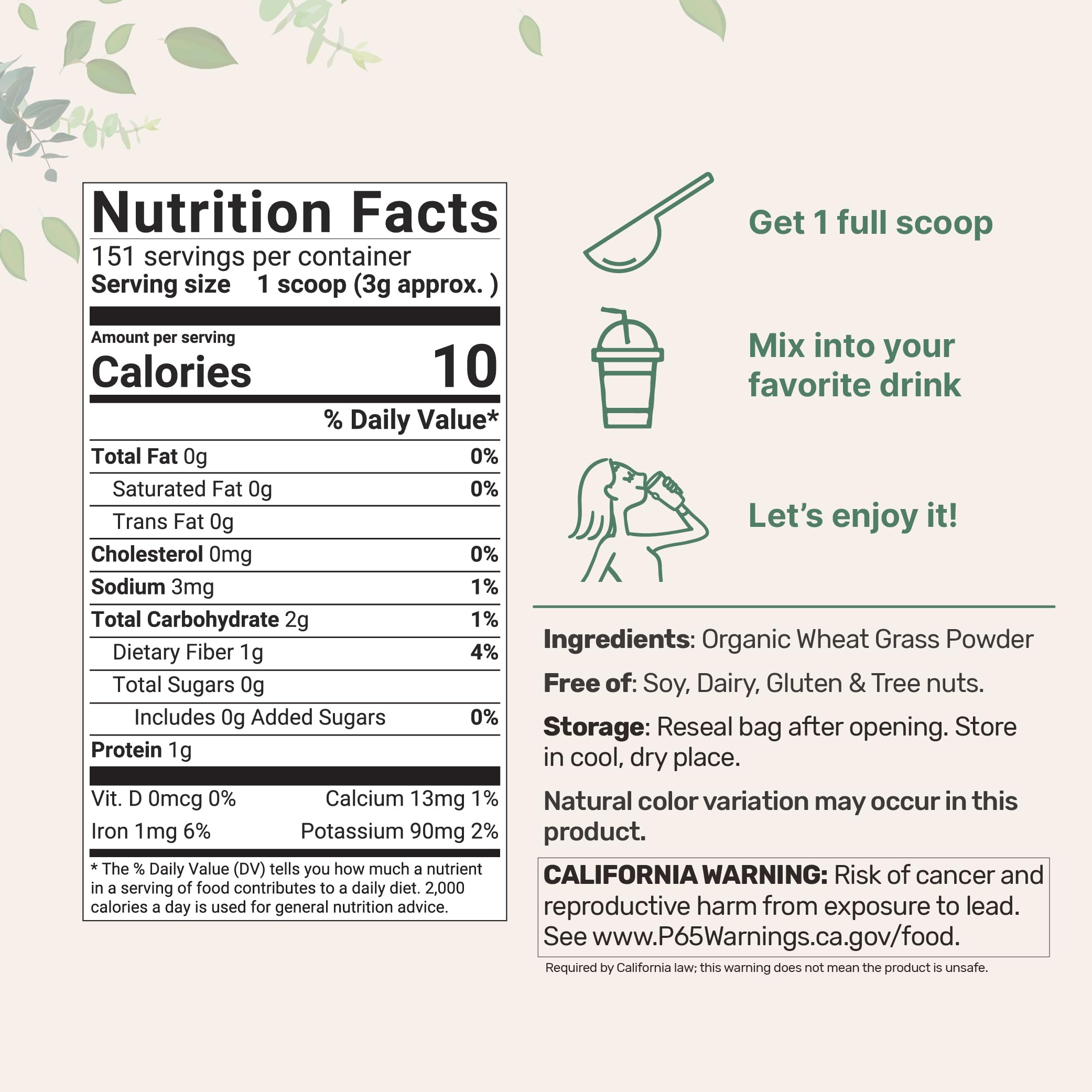 Sustainably US Grown, Organic Wheat Grass Powder (100% Whole-Leaf), 16 Ounce , Rich in Immune Vitamins, Fibers and Minerals, Support Digestion Function, Vegan Friendly