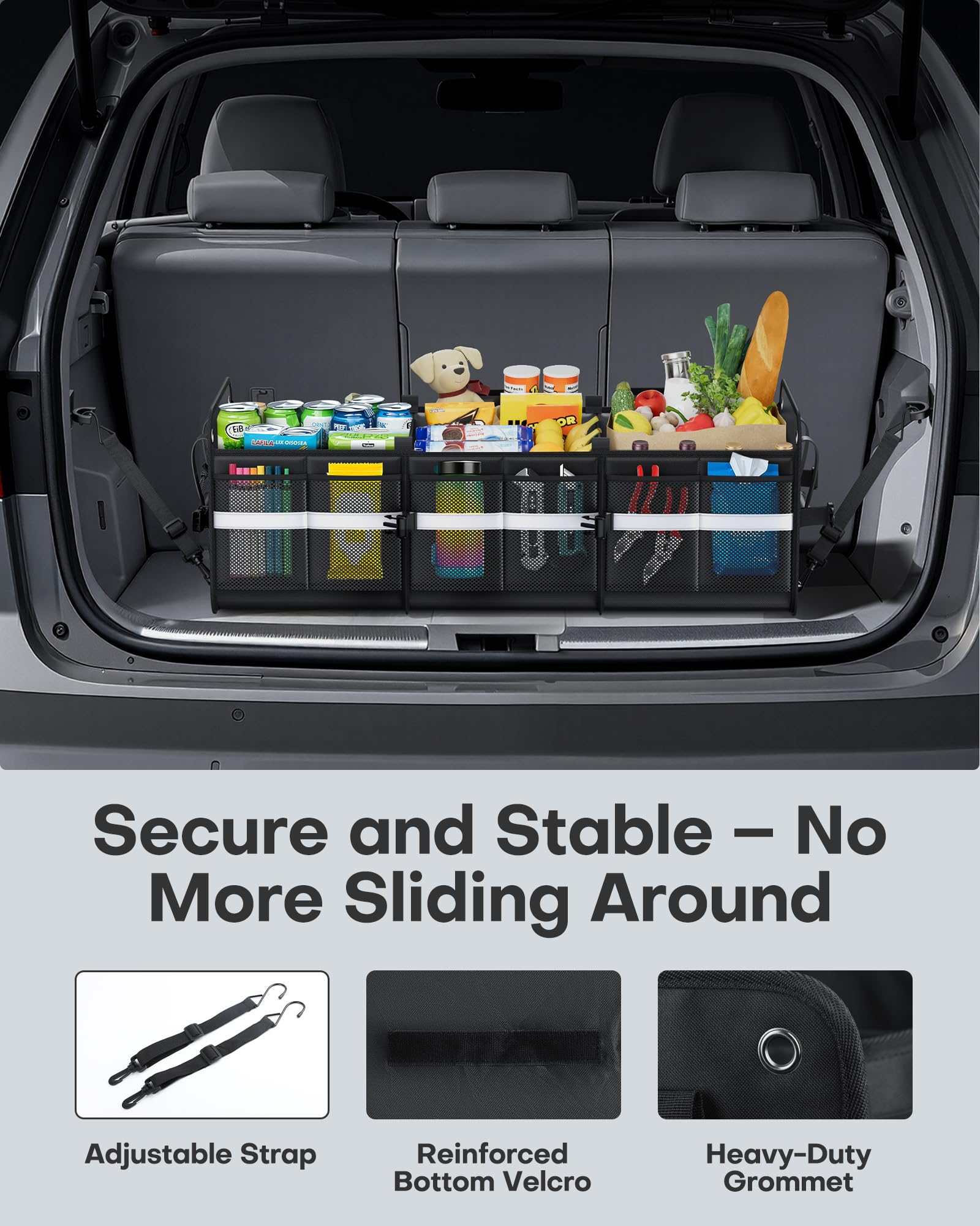 HOTOR Trunk Organizer for SUV – Car Storage Box with Reflective Strips, Collapsible Car Organizer with Large Capacity, Essential Car Accessories for Truck, Van & Sedan, Black, 33.1" x 13.0" x 12.0"