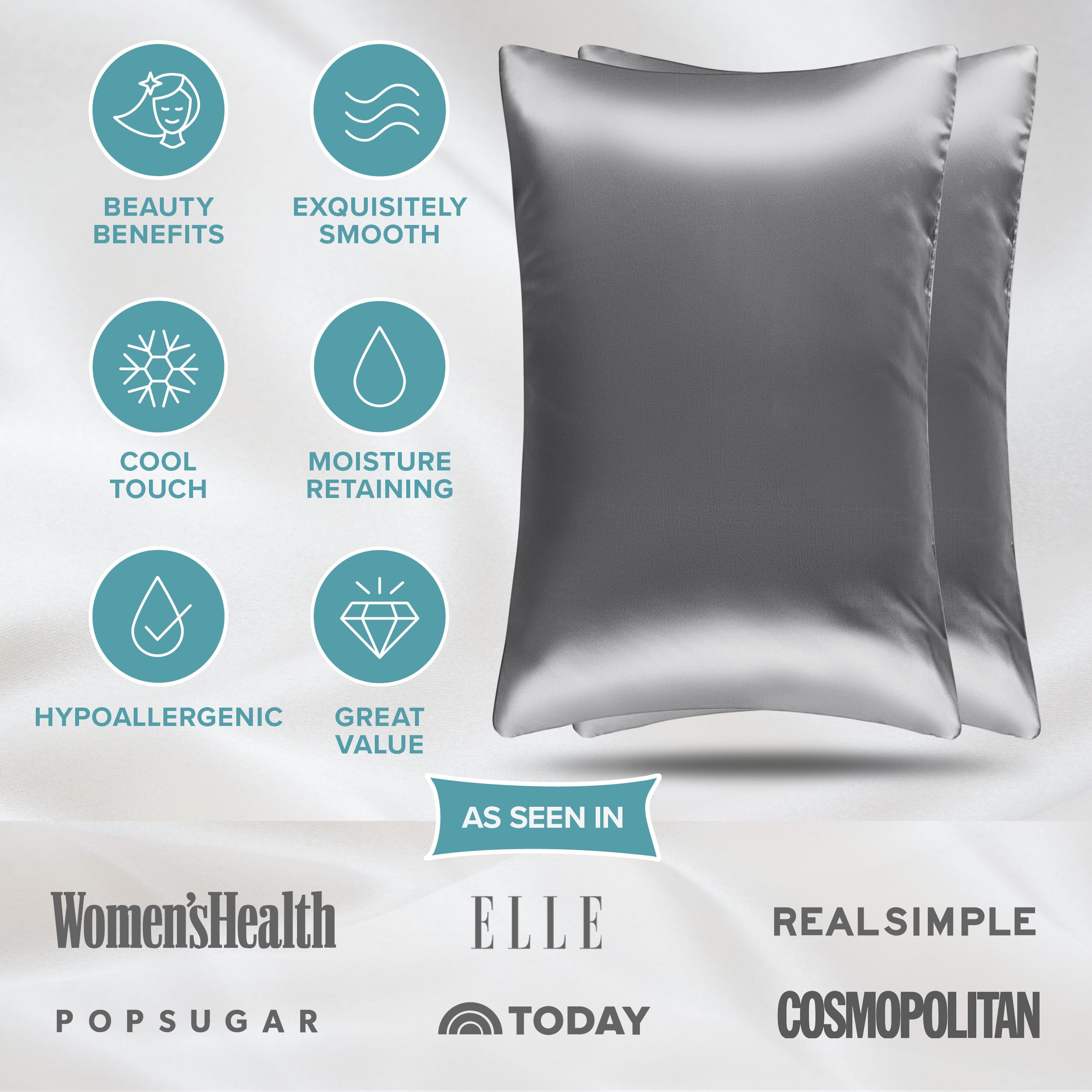 Bare Home 100% Mulberry Silk Pillowcase for Hair and Skin - Ultra Premium 6A Grade 19 Momme Silk Pillow Case - Hidden Zipper - Breathable Cooling Pillow Cover (Standard 2 Pack, Grey)