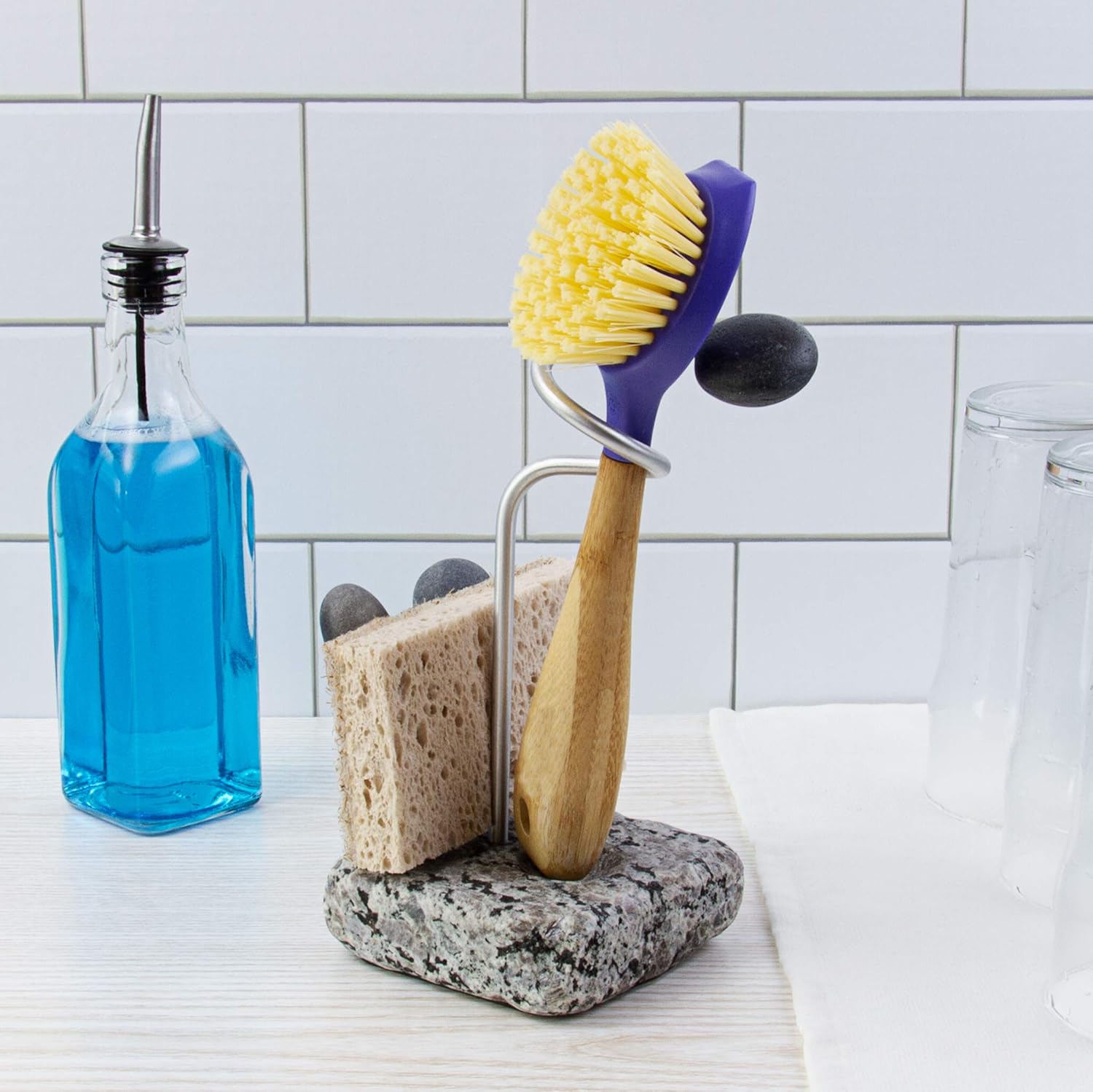 Sea Stones Splash Sponge and Brush Holder - Heavy Granite Base Kitchen Sink Caddy - Eco-Friendly Handmade Granite and Aluminium Organizer - One-Handed Grab & Quick-Dry Design - Made in USA