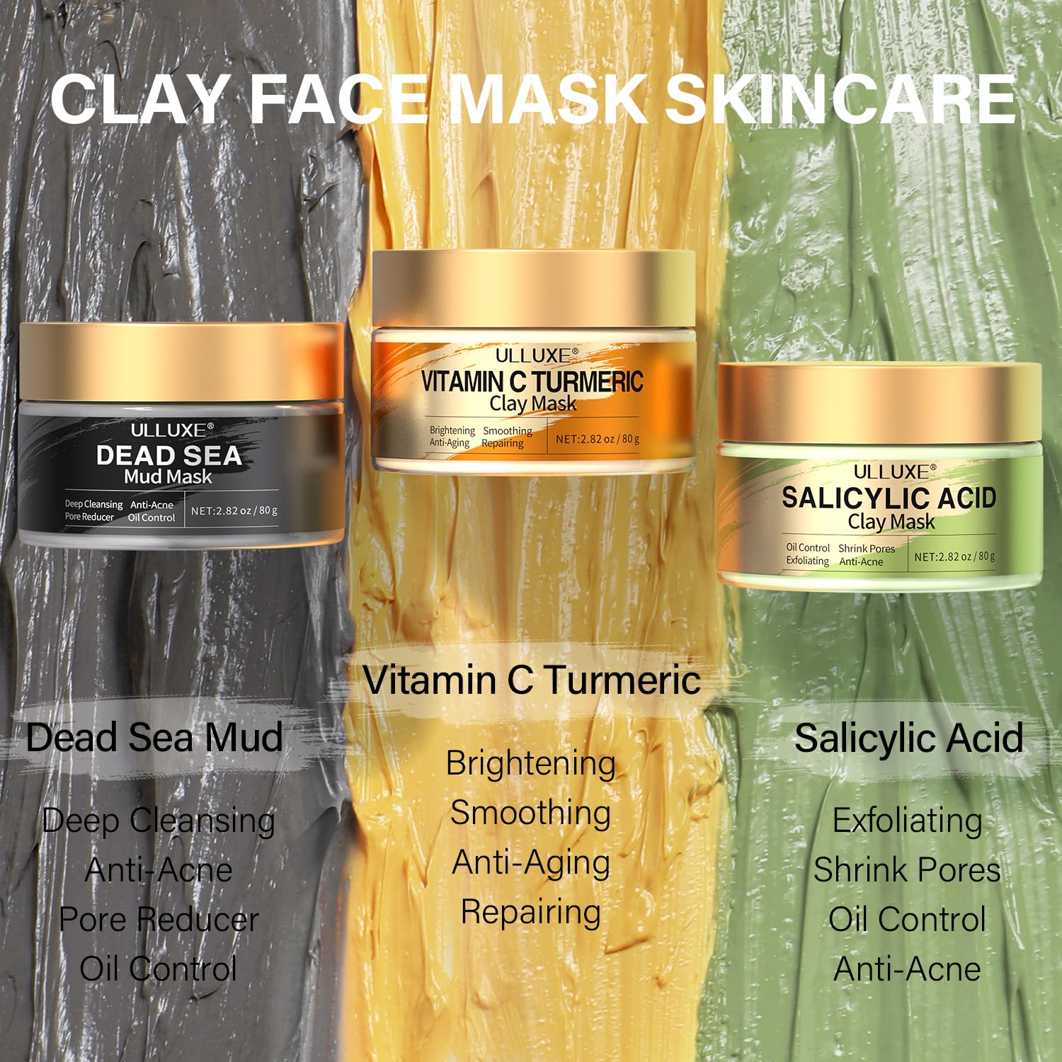 Facial Clay Mask Set - Vitamin C Turmeric Face Mask, Dead Sea Mud & Salicylic Acid (BHA) Mask for Pore Cleansing, Brightening, Blackheads & Dark Spots, Face Masks Skincare Gift for Women, 2.82 oz each