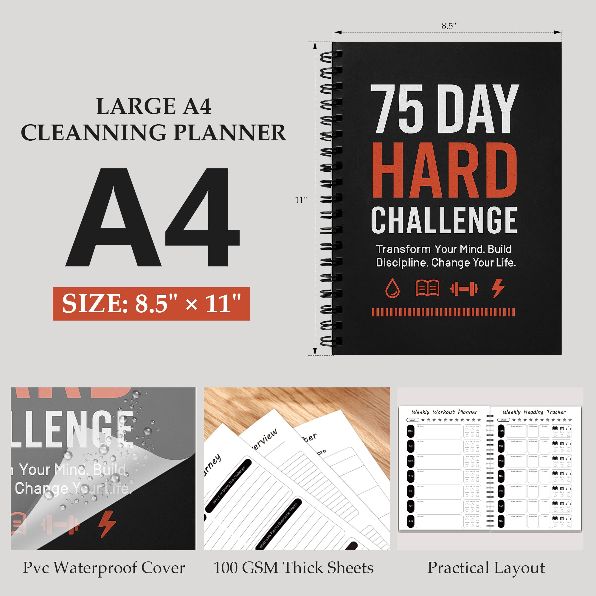 75 Day Hard Challenge Journal for Men or Women with PVC Cover – 75 Hard Challenge Book with Daily, Weekly, Monthly Planner & Wellness Trackers – 75 Challenge Planner Tracker for Fitness, Habits & Self-Care