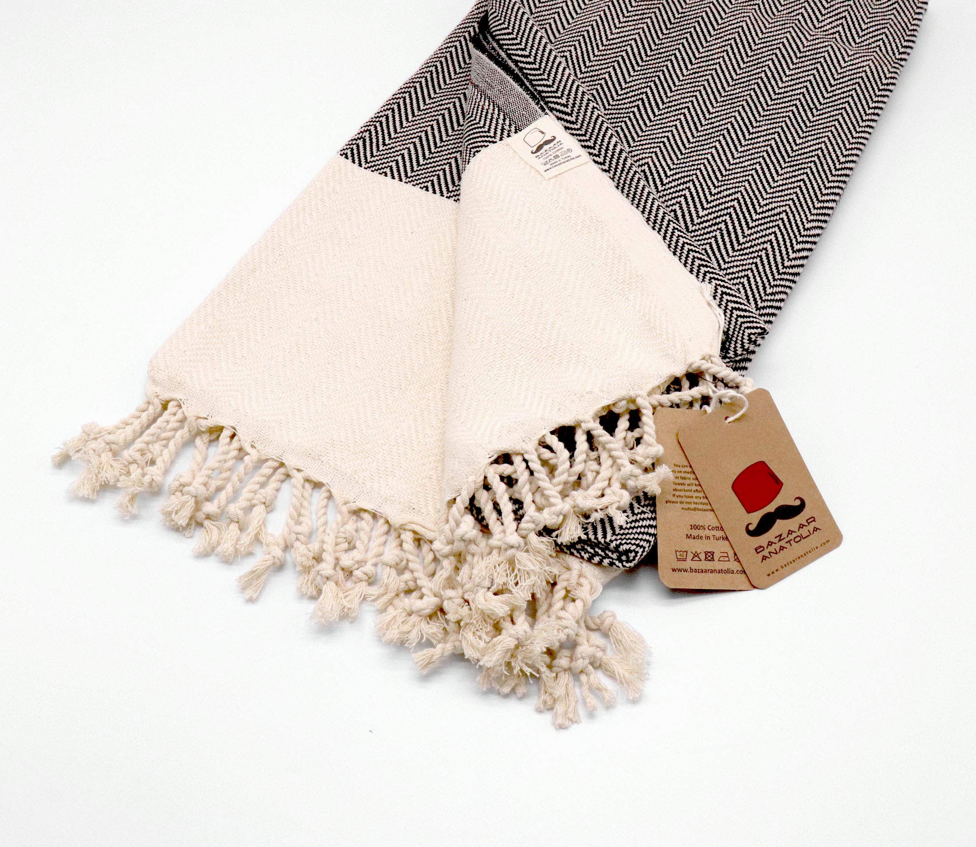 Bazaar Anatolia Turkish Beach Towel 100% Cotton Bath Towels 71x39 Quick Dry Sand Free Lightweight Large Oversized Herringbone Black