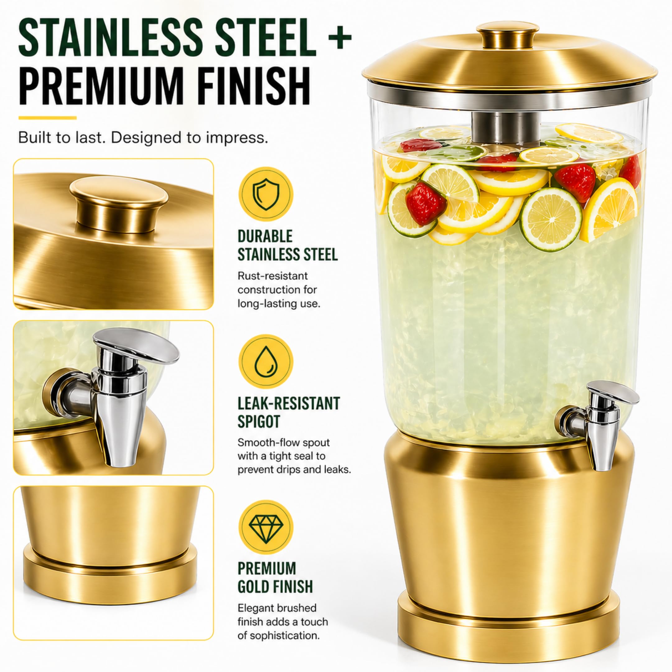 Drink Dispenser with Ice Chambers, Lemonade Tea Water Dispenser with Spigot, Stainless Steel Beverage Jar Jug, Perfect for Home Parties, Weddings, Gifts & Events (Gold, 5, Gallons)