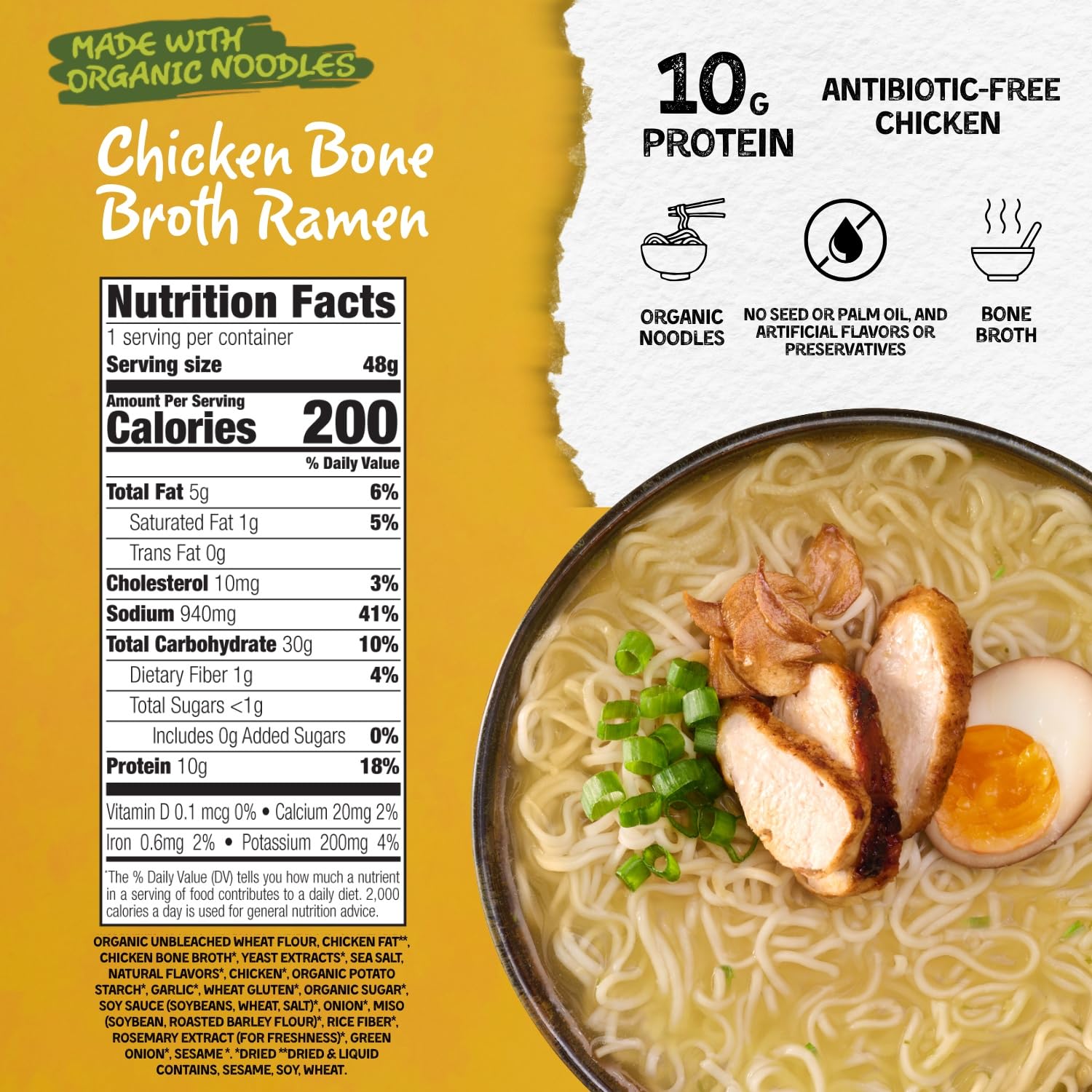 Mike’s Mighty Good Bone Broth Chicken Ramen Cup (Pack of 6) – 10g Protein Instant Ramen Noodles – Steamed Organic Noodles, Non-GMO, Seed & Palm Oil-Free – Antibiotic-Free Chicken, Rich Broth