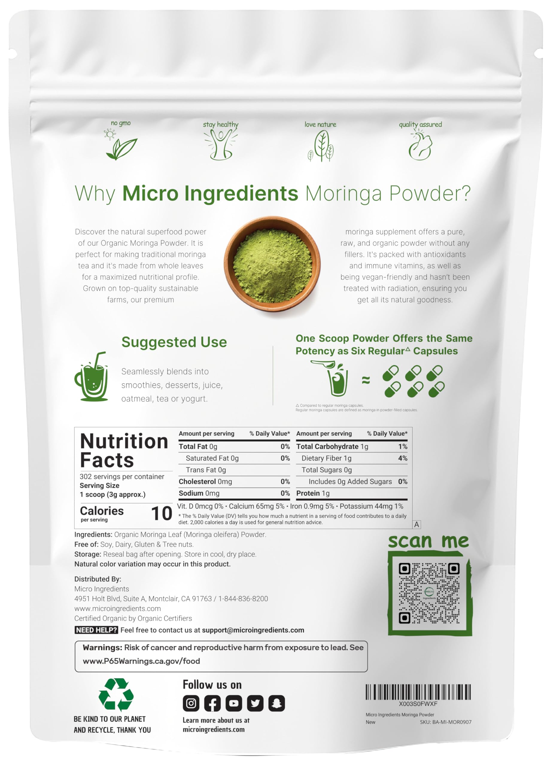 Micro Ingredients Organic Moringa Oleifera Leaf Powder, 2 Pound | Rich in Antioxidants & Immune Vitamins | Pure Leaves Without Stems | Great Superfoods for Tea or Drink | India Grown, Vegan