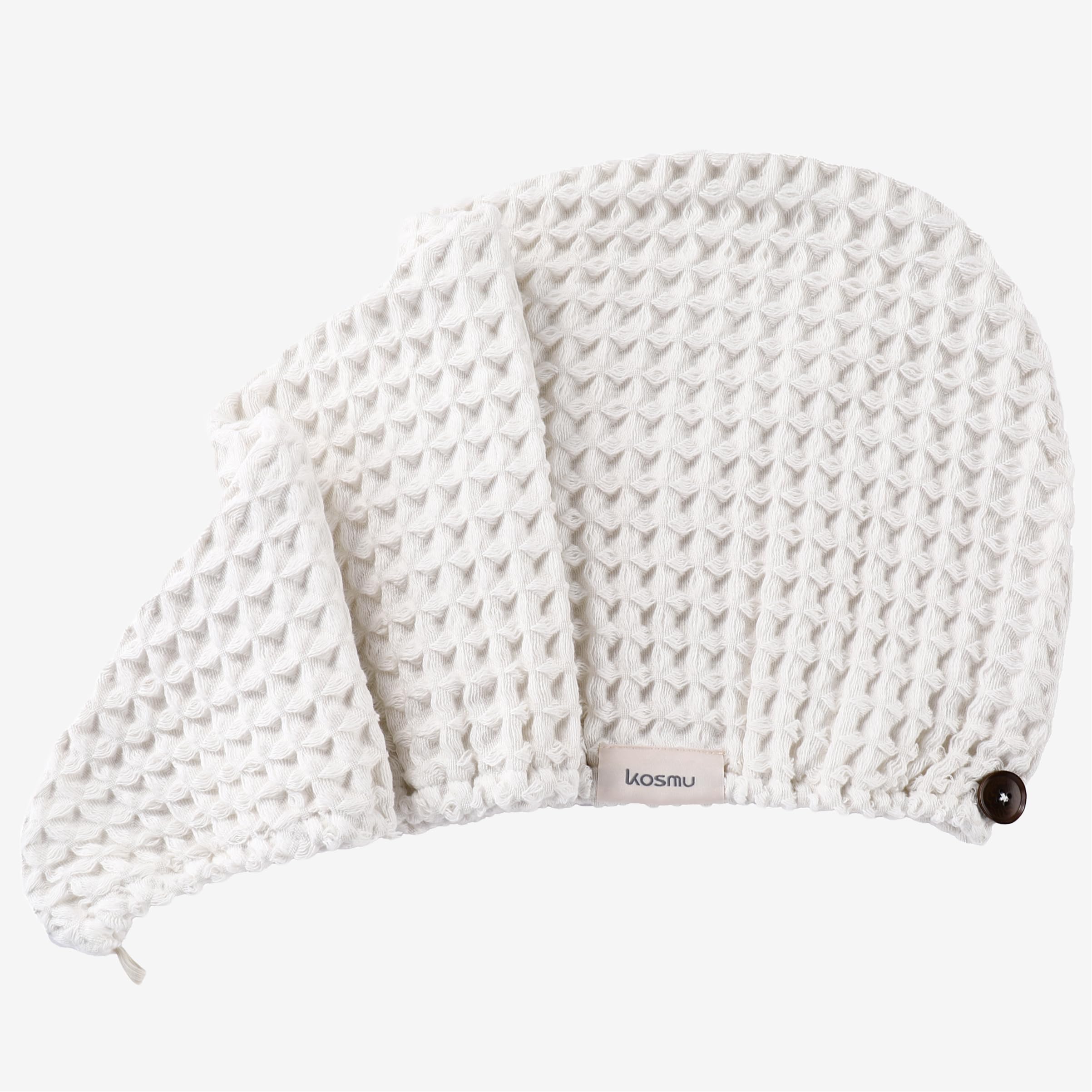 Luxury Organic Japanese Cotton Hair Drying Waffle Towel Wrap for Women | Absorbent, Quick-Dry Head Turban for Shower, Sauna, Spa | Extra Large for Long, Curly, Straight Hair With Button (White, 1 Pc)