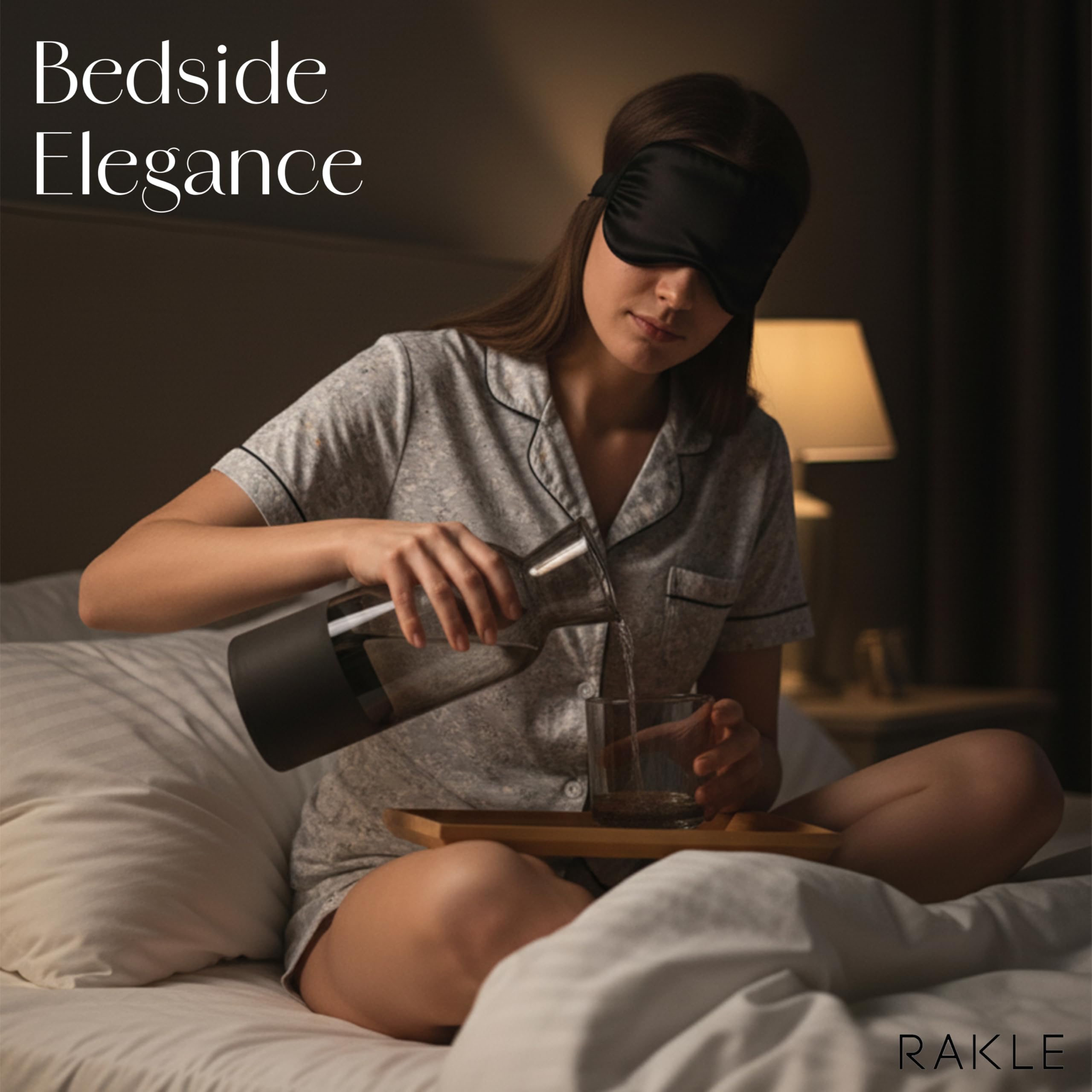 RAKLE Bedside Water Carafe & Glass Cup Set, 700cc 24oz Nightstand Decanter for Bedroom Kitchen Office, Glass Carafe Set for Home, Matte Black