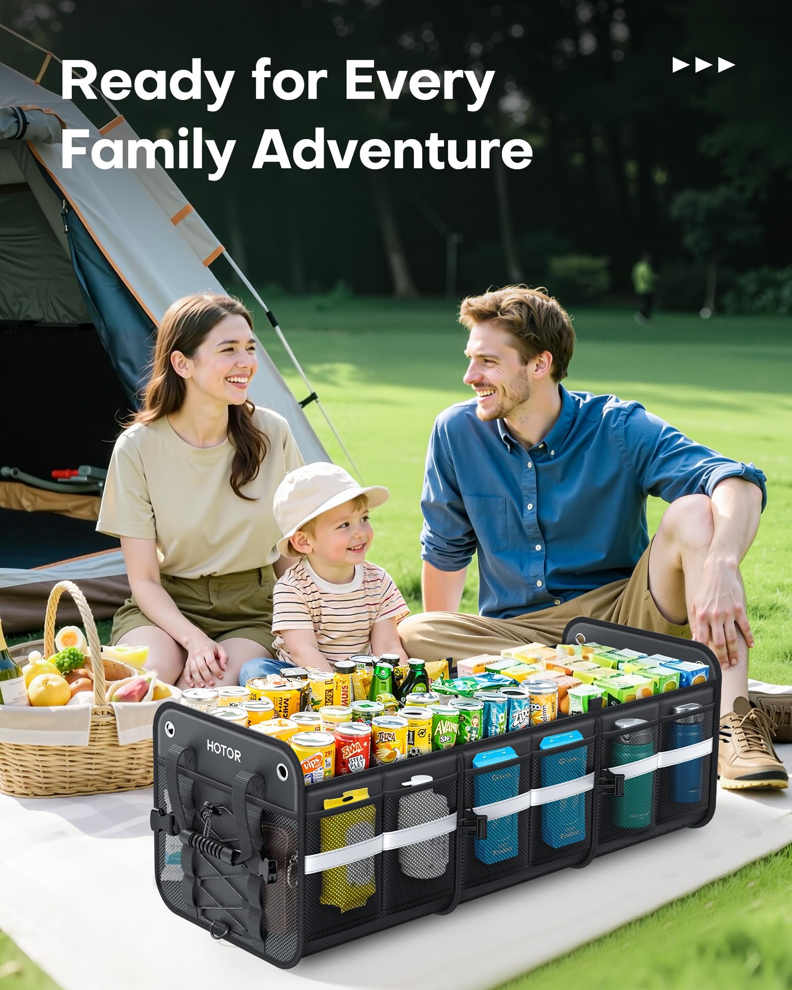 HOTOR Trunk Organizer for SUV – Car Storage Box with Reflective Strips, Collapsible Car Organizer with Large Capacity, Essential Car Accessories for Truck, Van & Sedan, Black, 33.1" x 13.0" x 12.0"