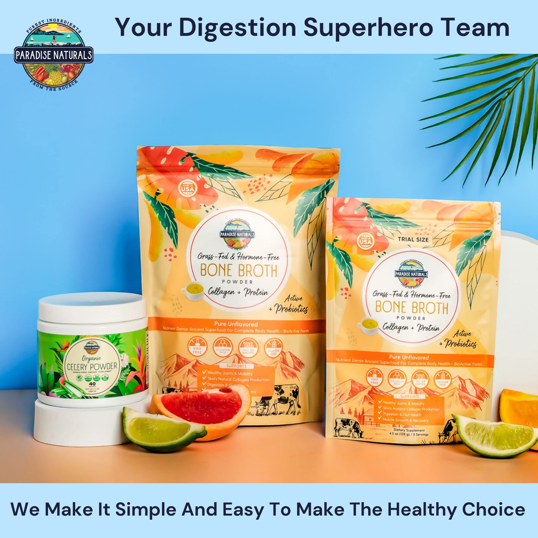 Paradise Naturals 100% Grass-Fed Natural Beef Bone Broth Powder + Active Probiotics, Collagen, 15g Protein, Non-GMO, Low Sodium, Gut Health, Paleo, Keto, Gluten-Free, for Healthy Skin, Hair, Joints