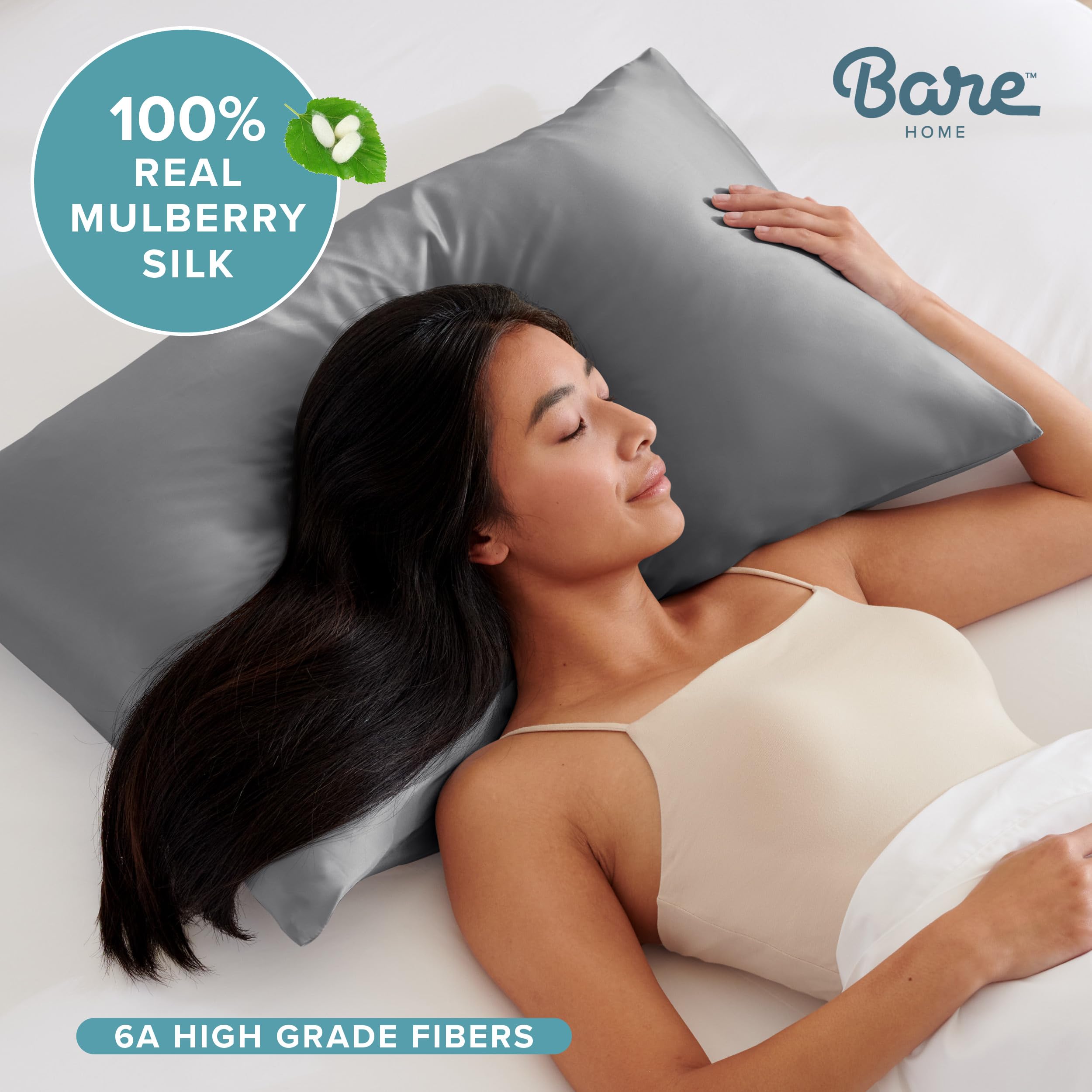 Bare Home 100% Mulberry Silk Pillowcase for Hair and Skin - Ultra Premium 6A Grade 19 Momme Silk Pillow Case - Hidden Zipper - Breathable Cooling Pillow Cover (Standard 2 Pack, Grey)