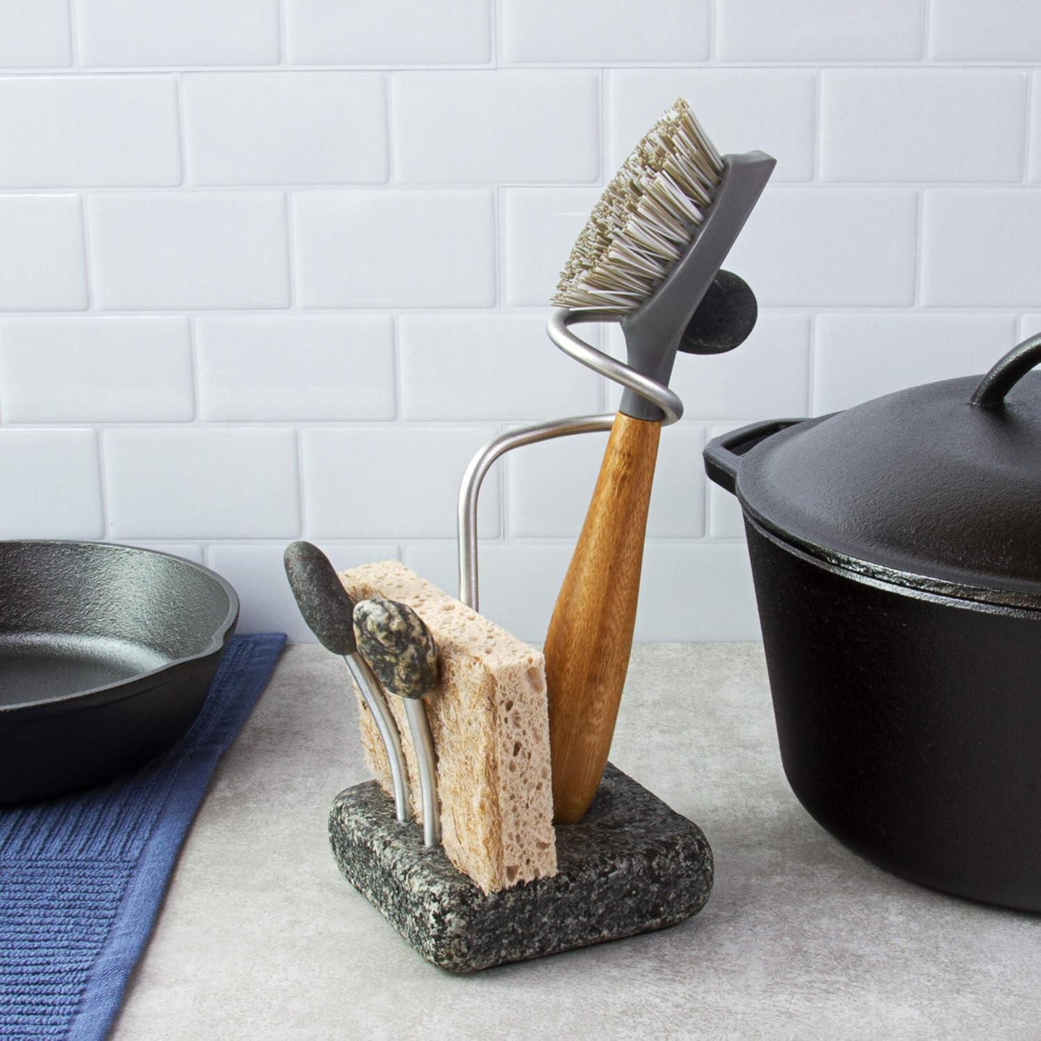 Sea Stones Splash Sponge and Brush Holder - Heavy Granite Base Kitchen Sink Caddy - Eco-Friendly Handmade Granite and Aluminium Organizer - One-Handed Grab & Quick-Dry Design - Made in USA