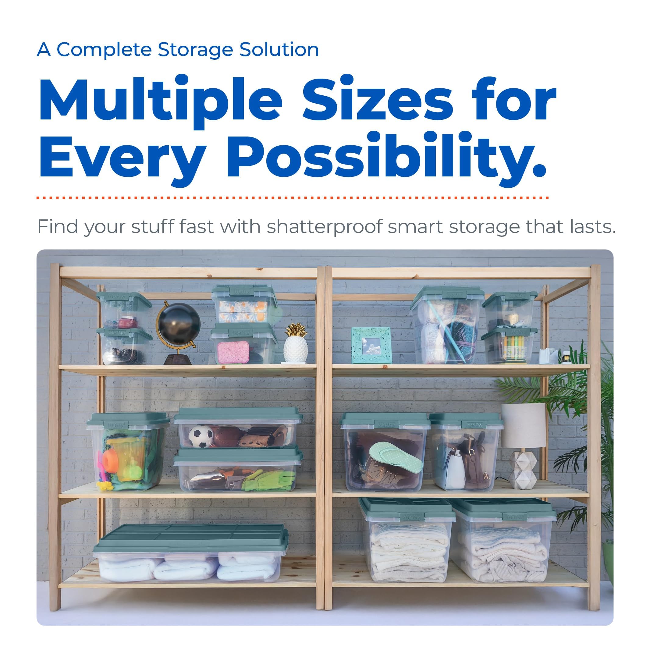 Hefty HI-RISE 40 Qt Stackable Storage Bins with Lids – 6 Pack Clear Plastic Under Bed Storage Containers, Shoe Organizer Boxes with XL Lid-Locking Latches, Comfort-Grip Handles, Durable Double Rim