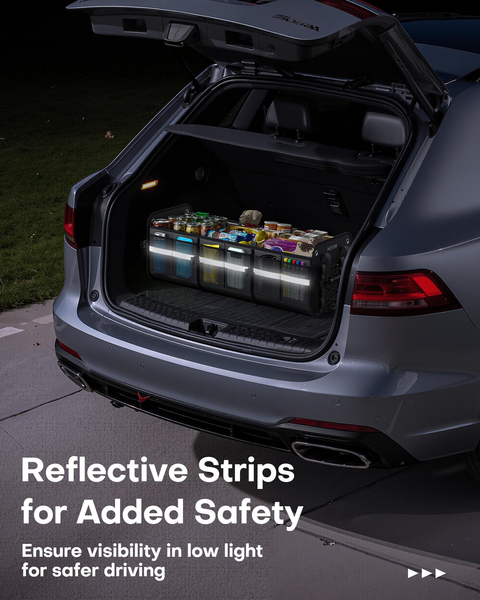 HOTOR Trunk Organizer for SUV – Car Storage Box with Reflective Strips, Collapsible Car Organizer with Large Capacity, Essential Car Accessories for Truck, Van & Sedan, Black, 33.1" x 13.0" x 12.0"