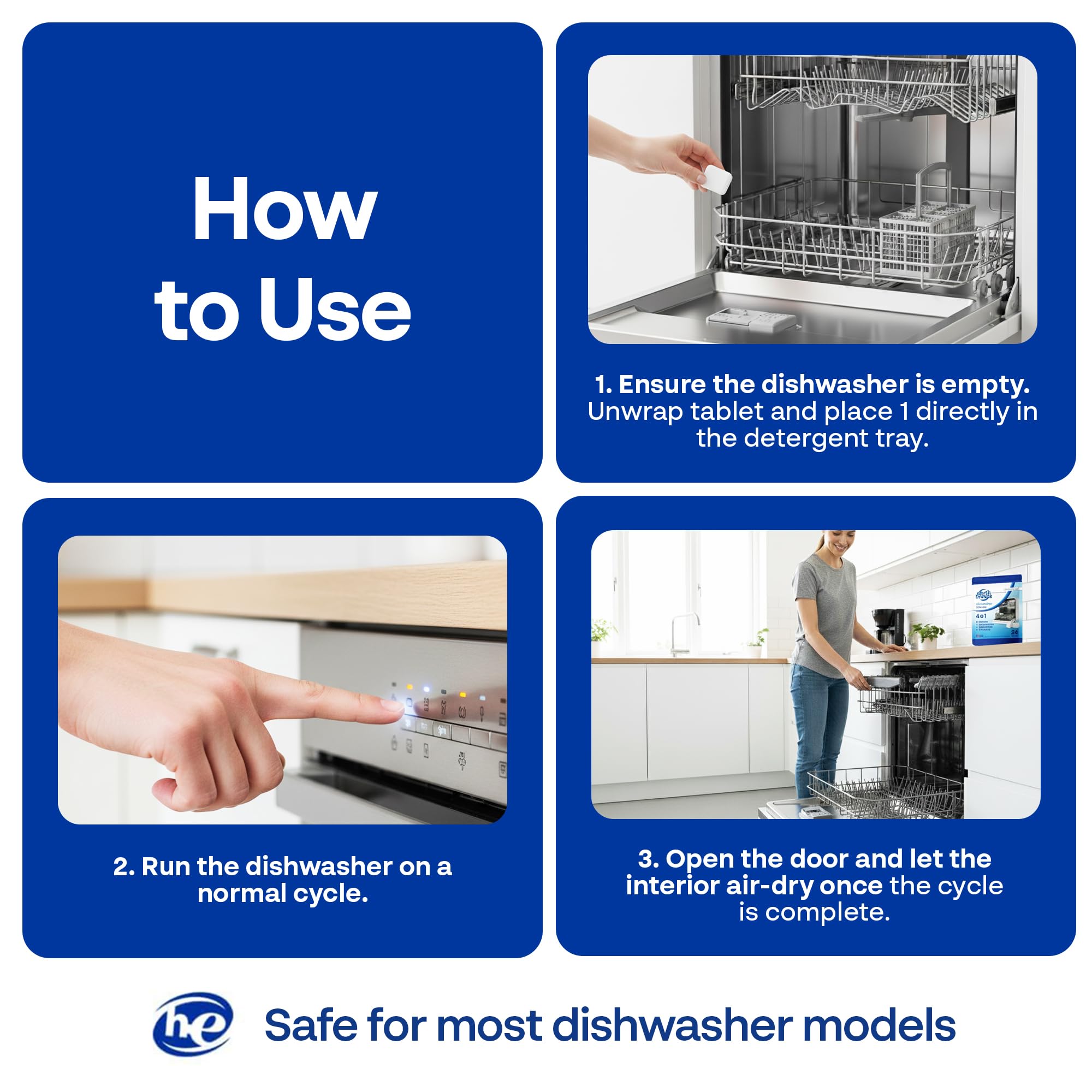 Earth Breeze Dishwasher Cleaner Tablets – 4-in-1 Cleans, Deodorizes, Refreshes & Protects – Removes Odor, Buildup & Residue – Fragrance Free, No Harsh Chemicals, Safe for All Dishwashers - Made in USA