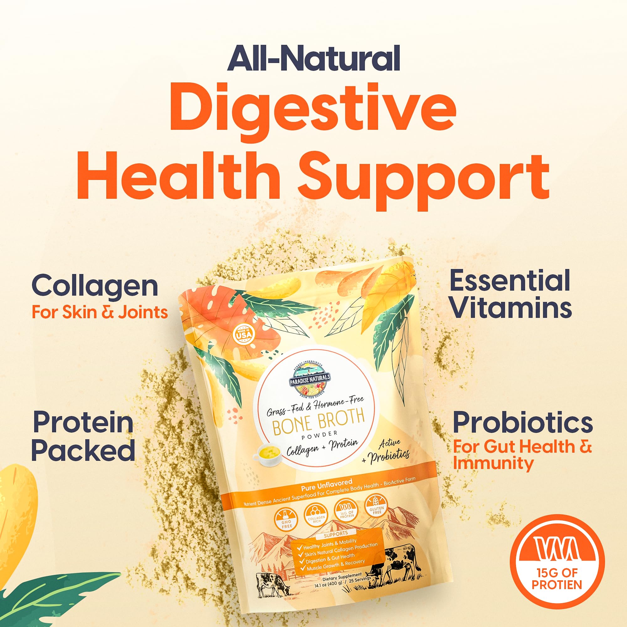 Paradise Naturals 100% Grass-Fed Natural Beef Bone Broth Powder + Active Probiotics, Collagen, 15g Protein, Non-GMO, Low Sodium, Gut Health, Paleo, Keto, Gluten-Free, for Healthy Skin, Hair, Joints