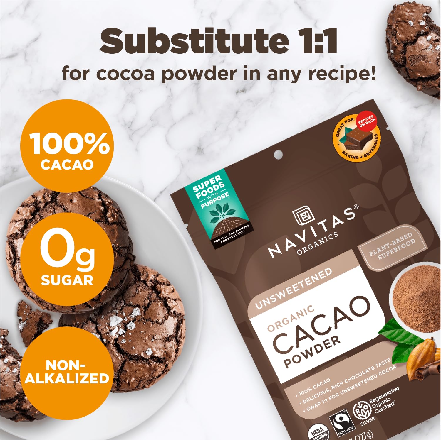 Navitas Organics Cacao Powder - Cocoa Powder Substitute 1:1, For Hot Chocolate, Baking & More - Regenerative Organic Certified, Non GMO, Fairtrade, Gluten Free, Non-alkalized (8oz. Bag, 38 Servings)