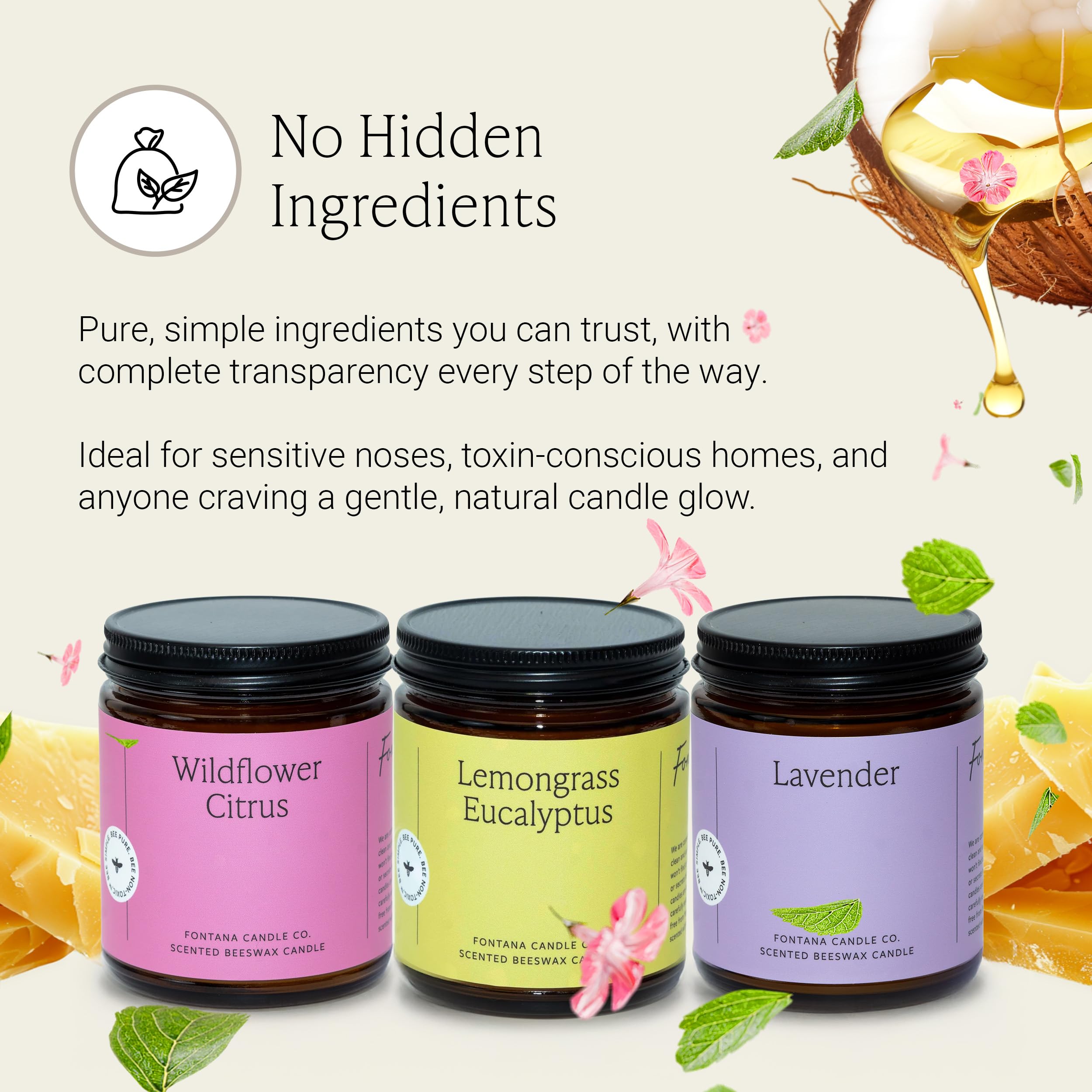 Fontana Candle Co Wood Wick Beeswax Jar Candle, Spring Bundle – Made Safe with Coconut Oil & Pure Essential Oils – 35+ Hrs Clean Burn, Long Lasting and Non-Toxic Candles for Home & Room Decor