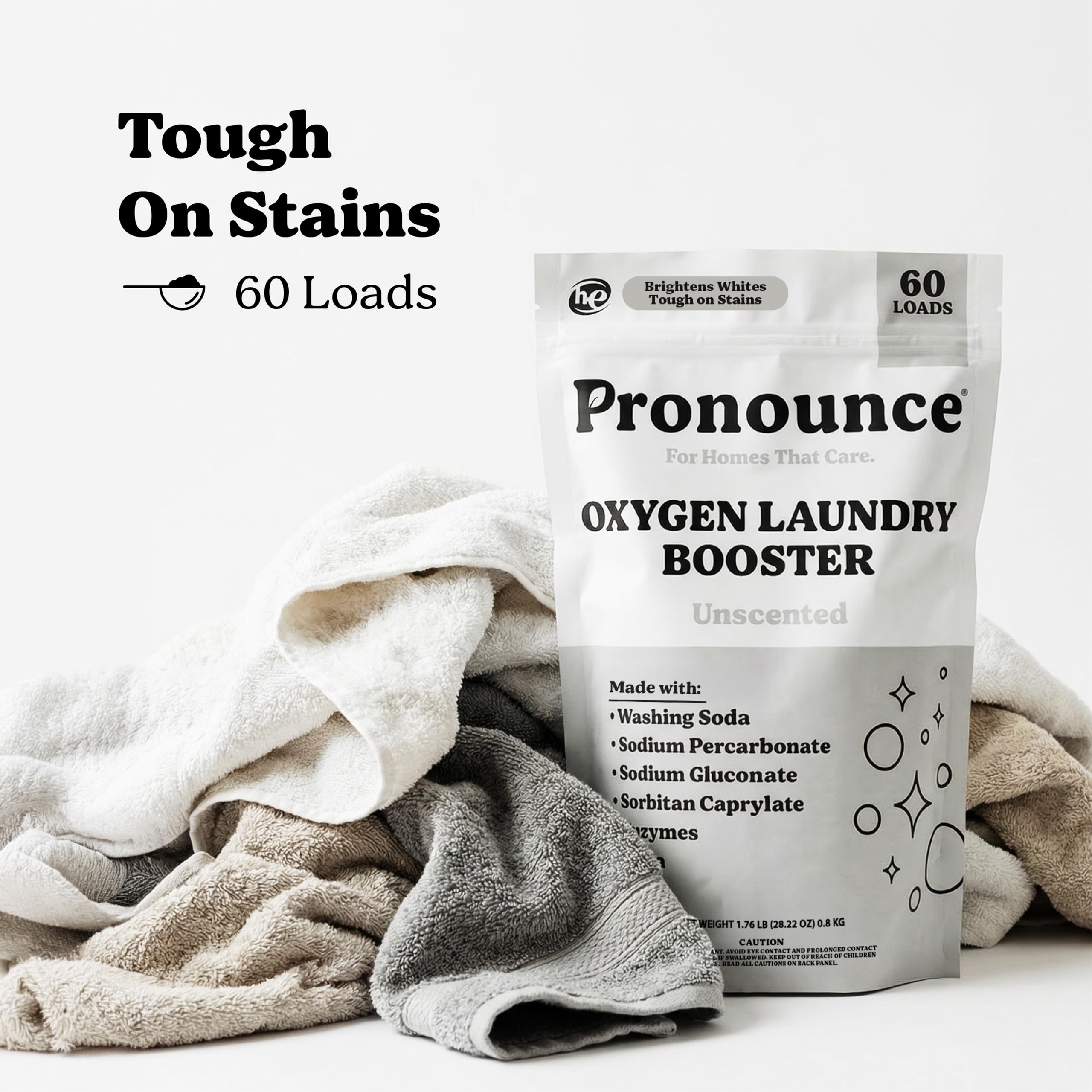 Pronounce Oxygen Laundry Booster with Enzymes - Brightens White & Tough on Stains, Fights Odor. Stain Remover, Cleaner Ingredients, Fragrance Free - Ultra Concentrated, HE - 60 Loads (Unscented)