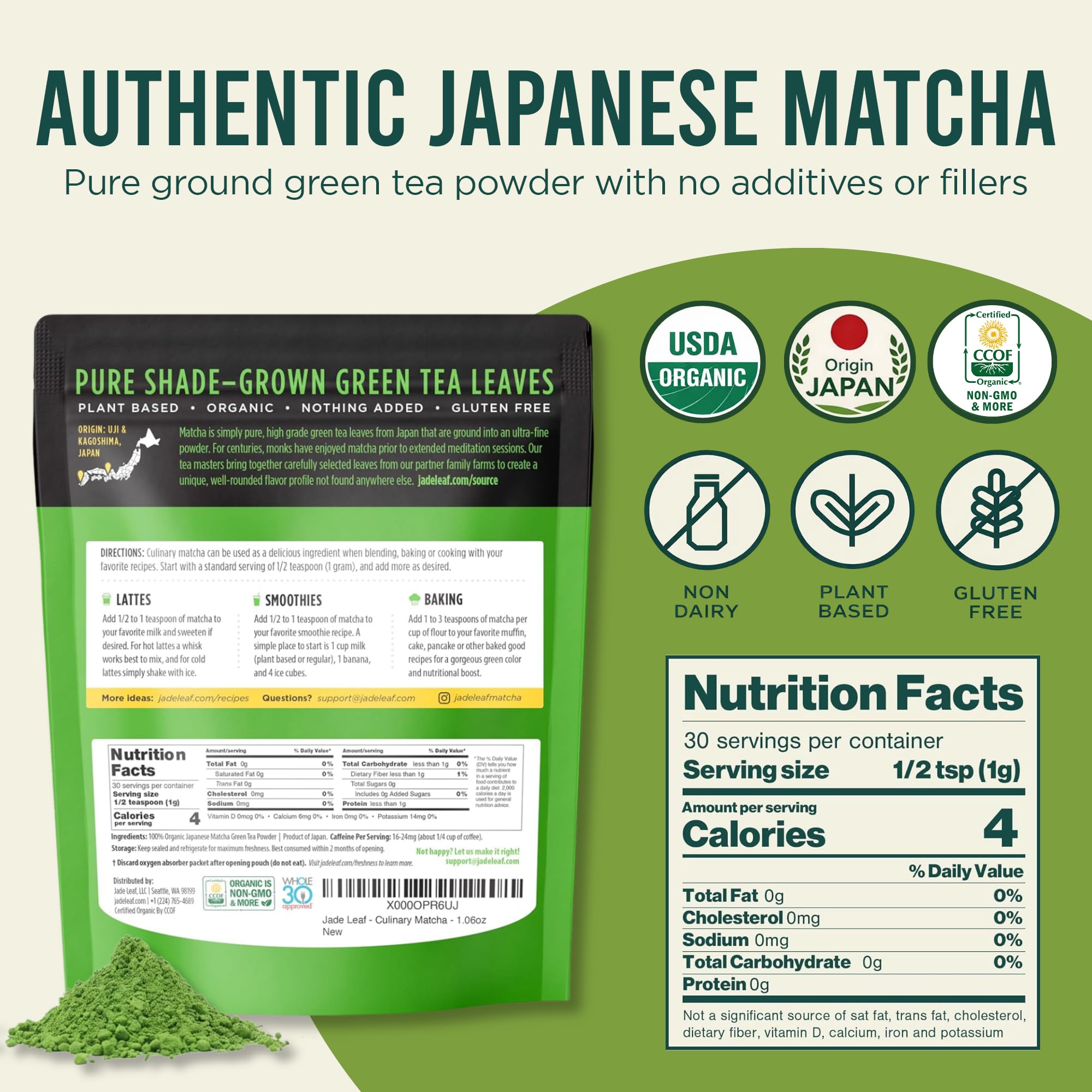 Jade Leaf Matcha Organic Culinary Grade Matcha Powder - Japanese Green tea for Baking, Smoothies, Lattes, and Skin Care, 30g / 1.06 Ounce (Pack of 1)