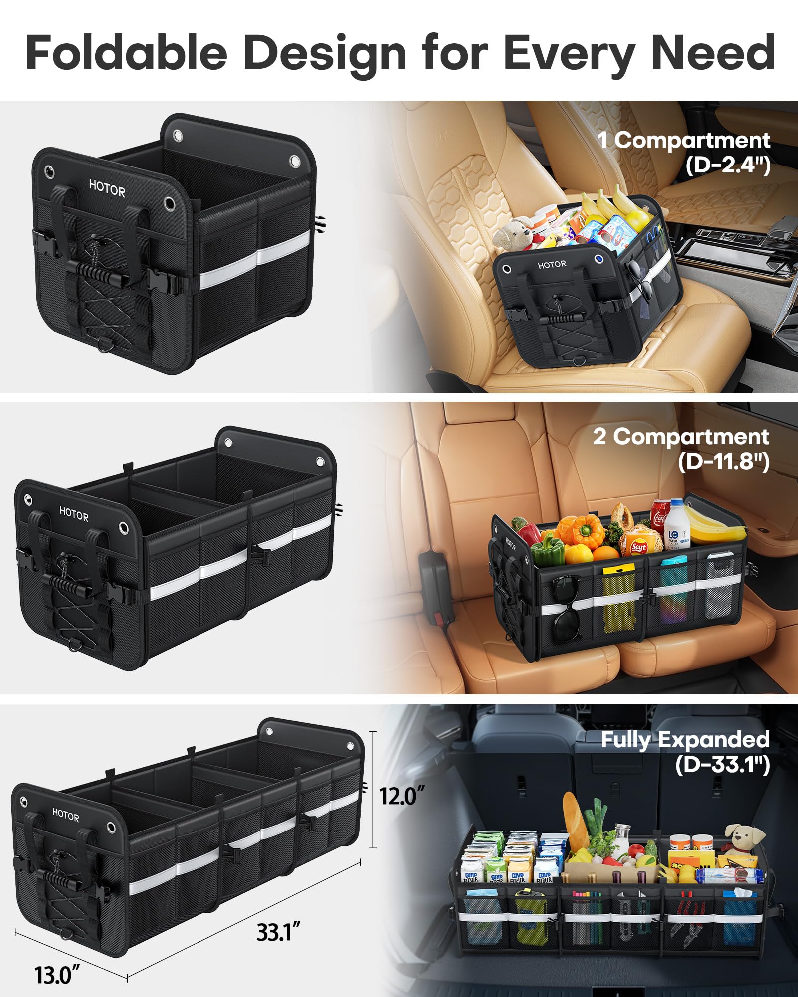 HOTOR Trunk Organizer for SUV – Car Storage Box with Reflective Strips, Collapsible Car Organizer with Large Capacity, Essential Car Accessories for Truck, Van & Sedan, Black, 33.1" x 13.0" x 12.0"