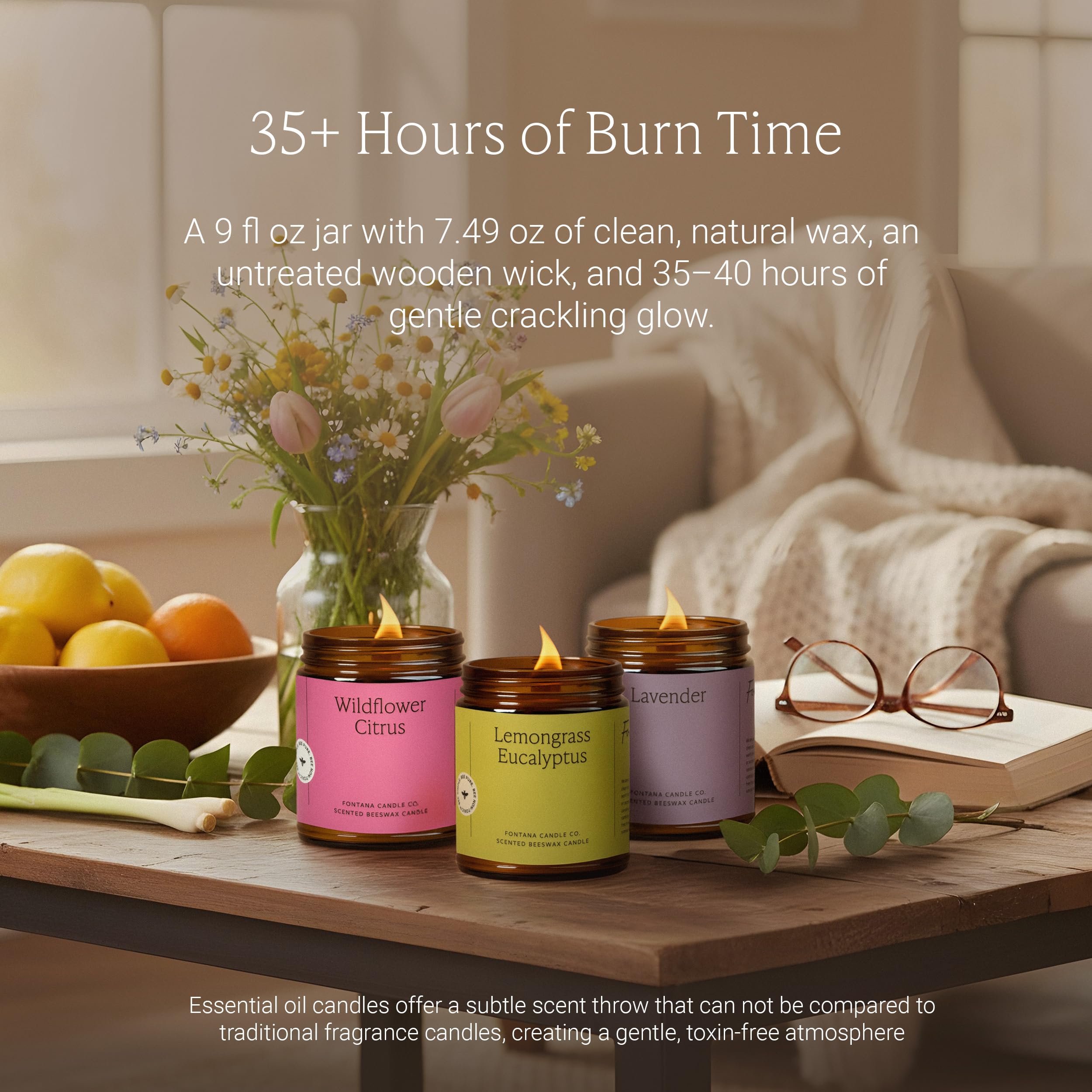 Fontana Candle Co Wood Wick Beeswax Jar Candle, Spring Bundle – Made Safe with Coconut Oil & Pure Essential Oils – 35+ Hrs Clean Burn, Long Lasting and Non-Toxic Candles for Home & Room Decor