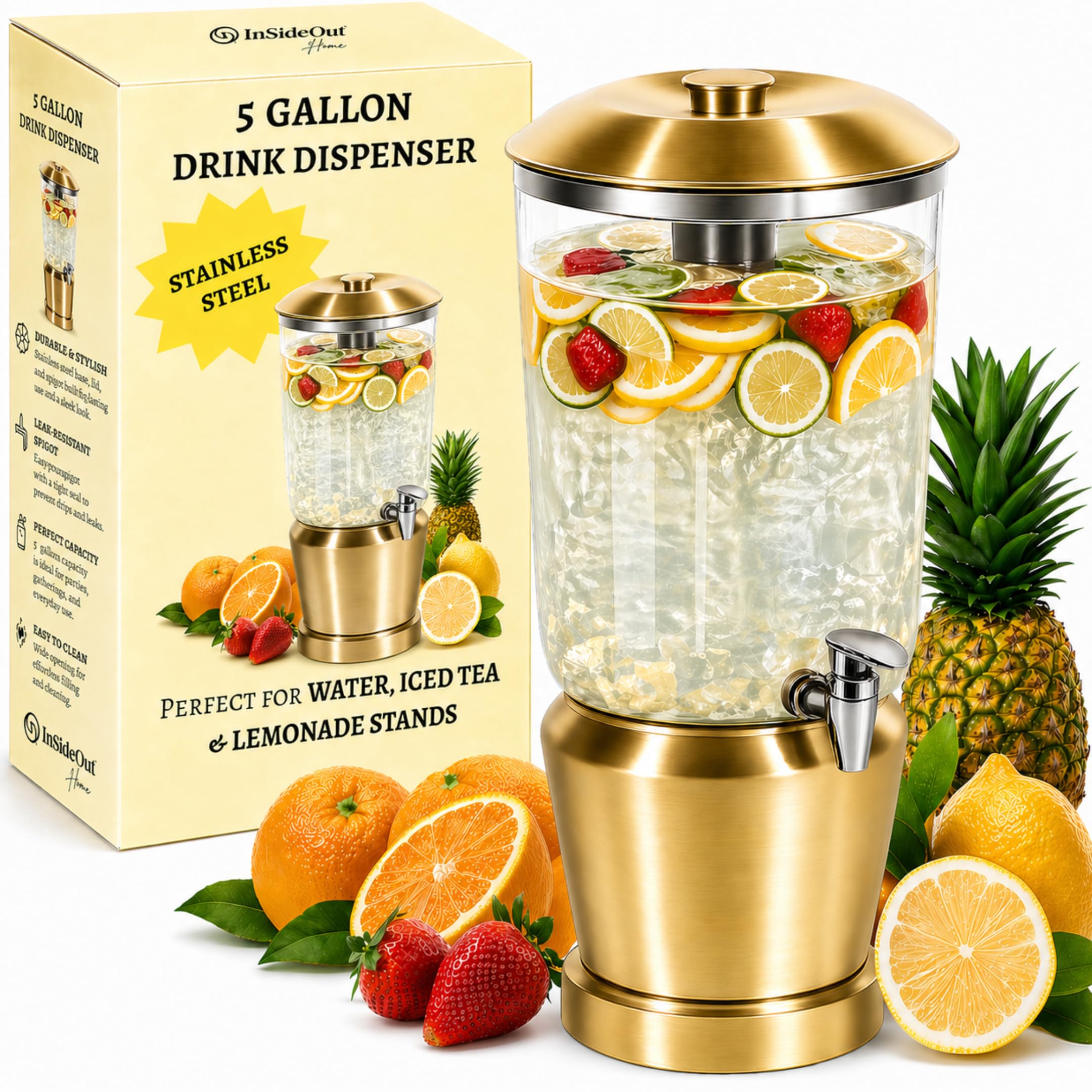 Drink Dispenser with Ice Chambers, Lemonade Tea Water Dispenser with Spigot, Stainless Steel Beverage Jar Jug, Perfect for Home Parties, Weddings, Gifts & Events (Gold, 5, Gallons)