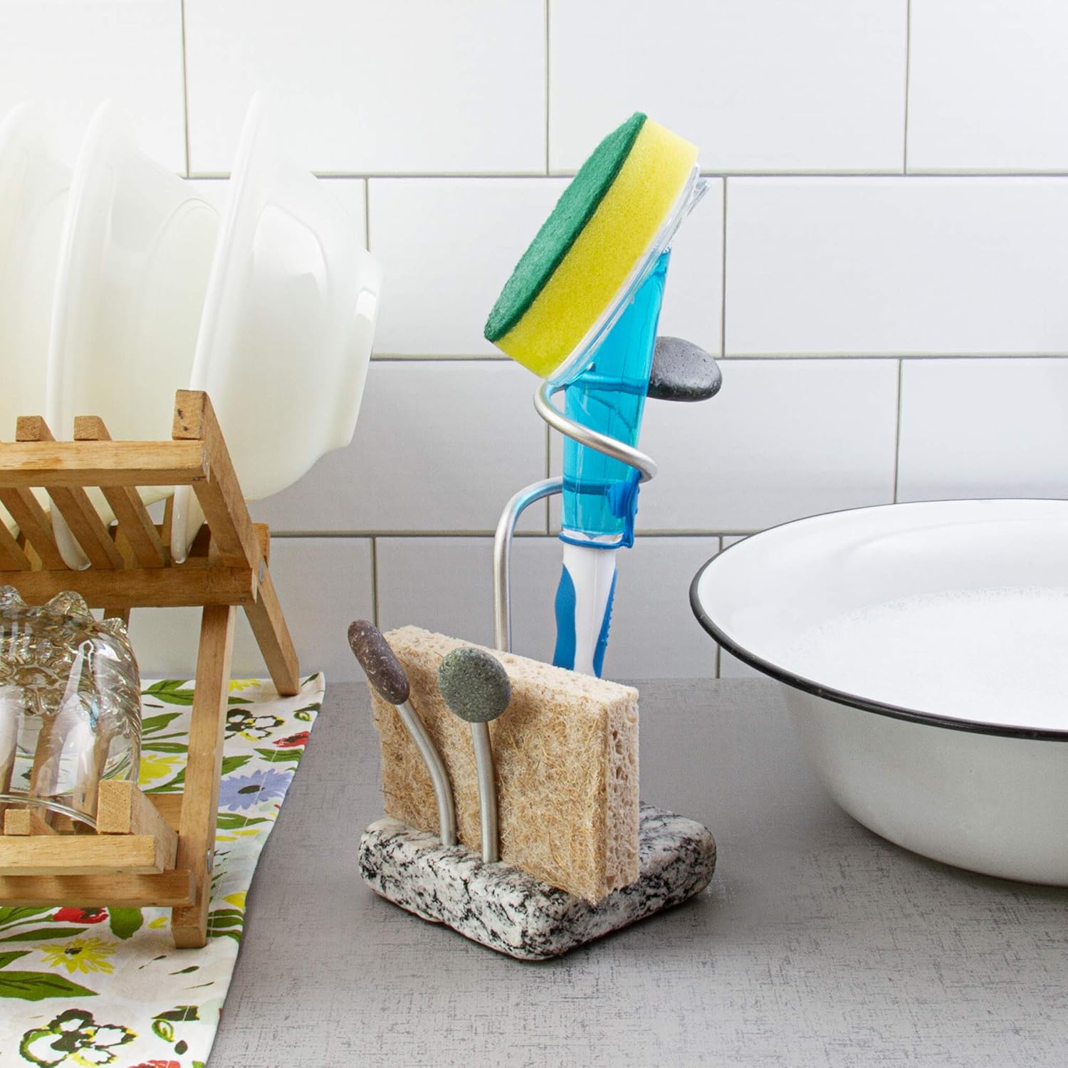 Sea Stones Splash Sponge and Brush Holder - Heavy Granite Base Kitchen Sink Caddy - Eco-Friendly Handmade Granite and Aluminium Organizer - One-Handed Grab & Quick-Dry Design - Made in USA