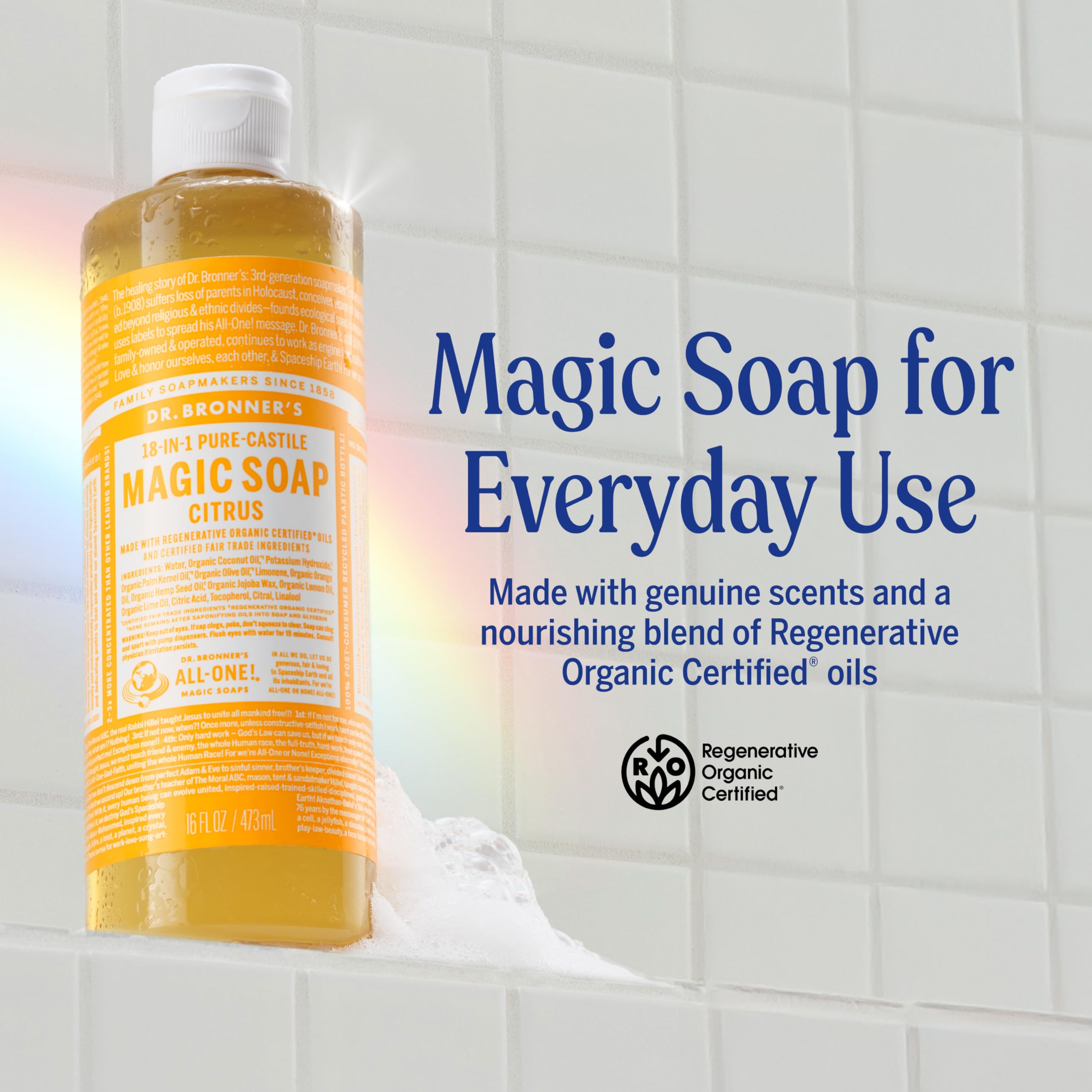 Dr. Bronner's Magic Soap-Pure-Castile Liquid Soap (Citrus, 16 oz, 1-Pack) - Made with Regenerative Organic Certified Oils, 18-in-1 Uses: Body, Hair, Laundry, Pets & Dishes, Concentrated, Vegan