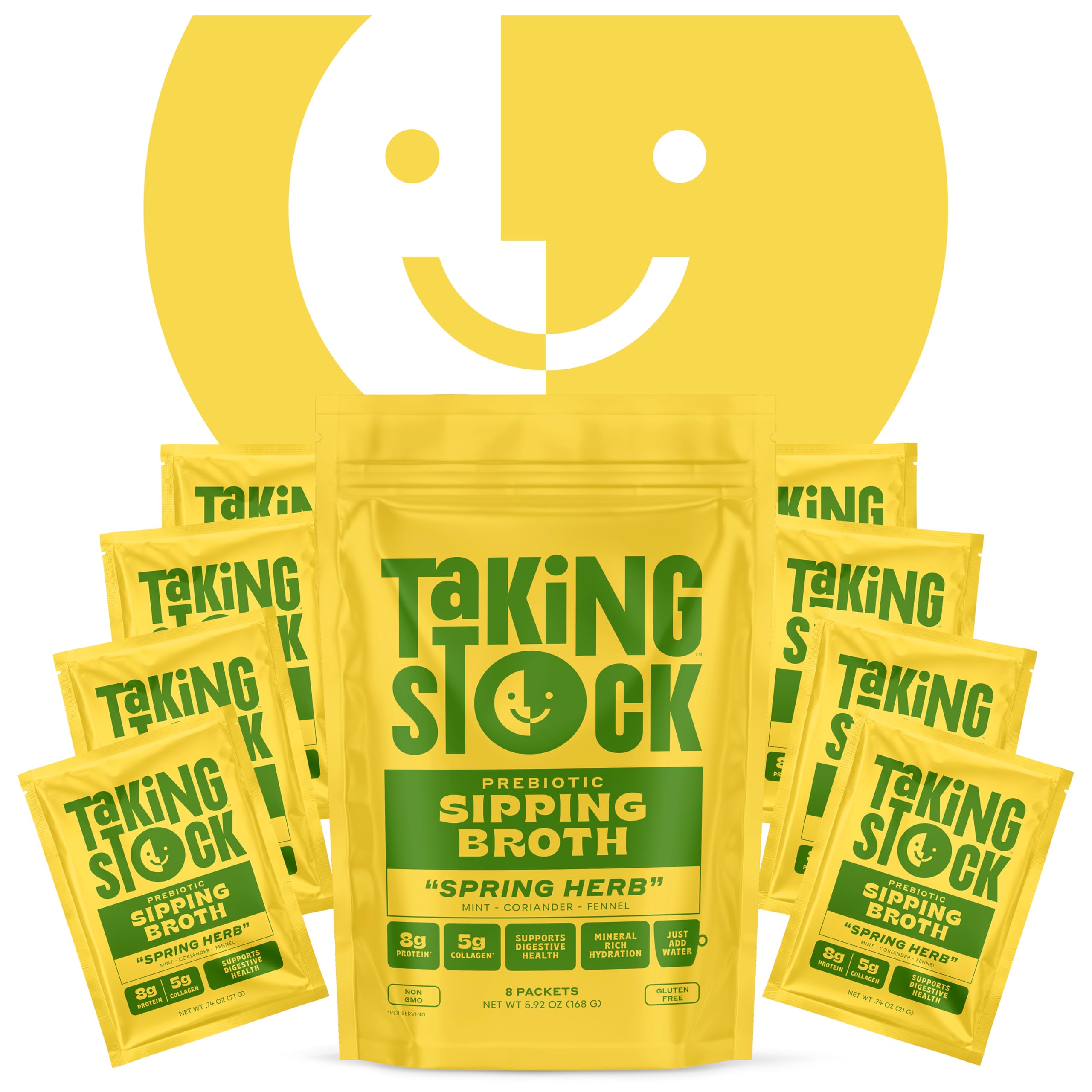 Taking Stock Prebiotic Sipping Broth, 8g Protein, Spring Herb Flavor Chicken Bone Broth Powder 8 Pack