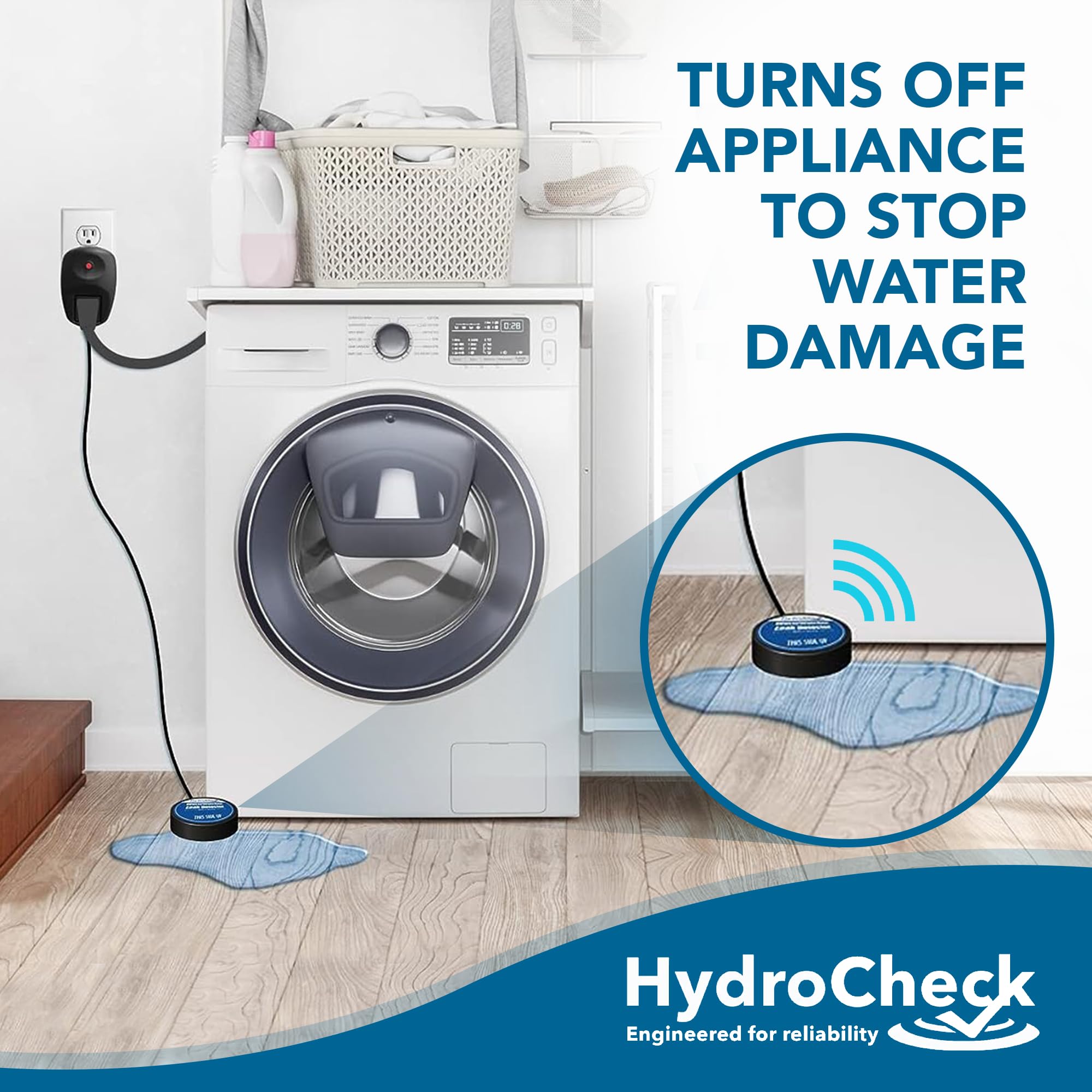 HydroCheck Water Sensor Alarm, Smart Water Leak Detector for Home & Basements | Made in THE USA | Automatic Flood Detectors and Water Alarm, Pure Water Capable (WaterWatcher)