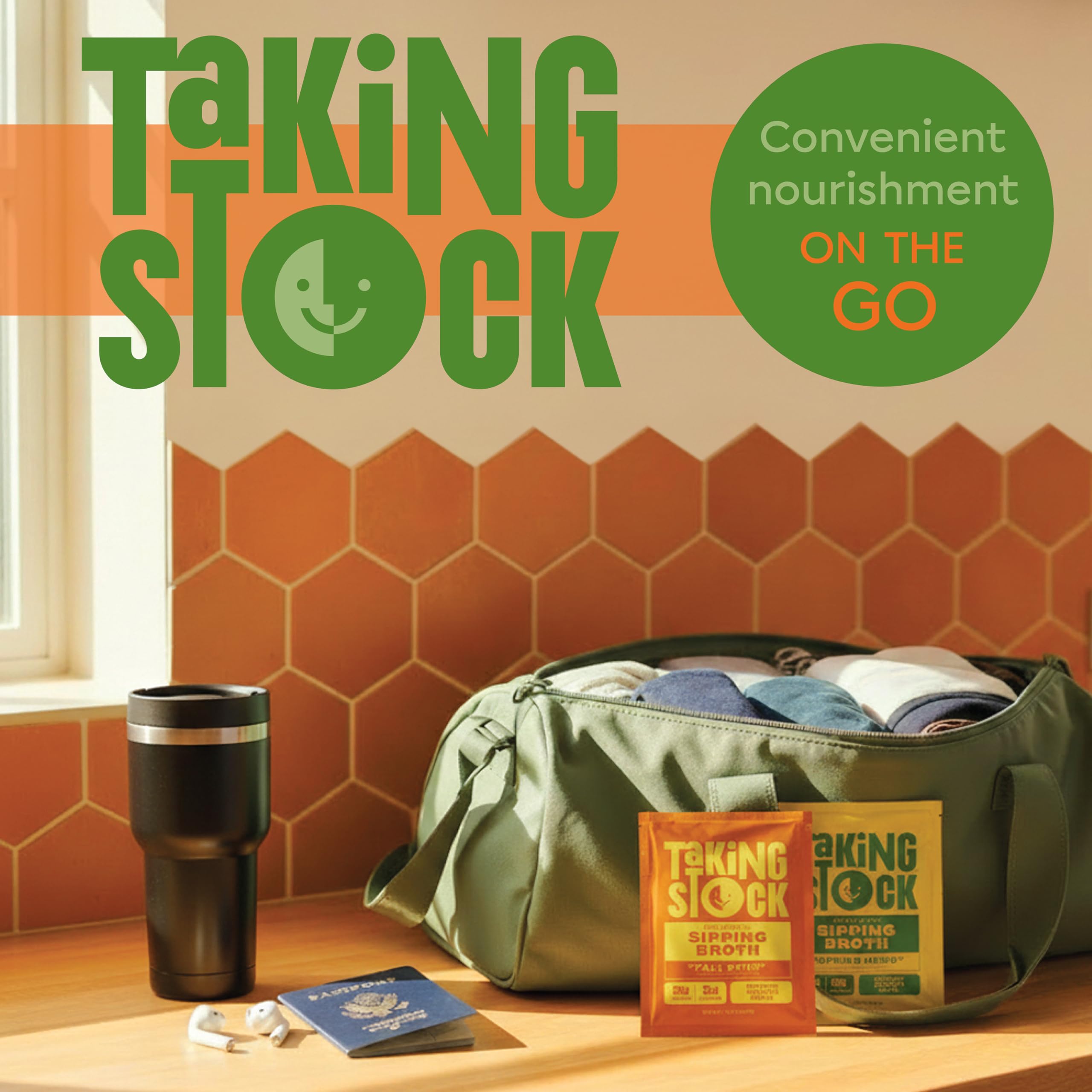 Taking Stock Prebiotic Sipping Broth, 8g Protein, Spring Herb Flavor Chicken Bone Broth Powder 8 Pack