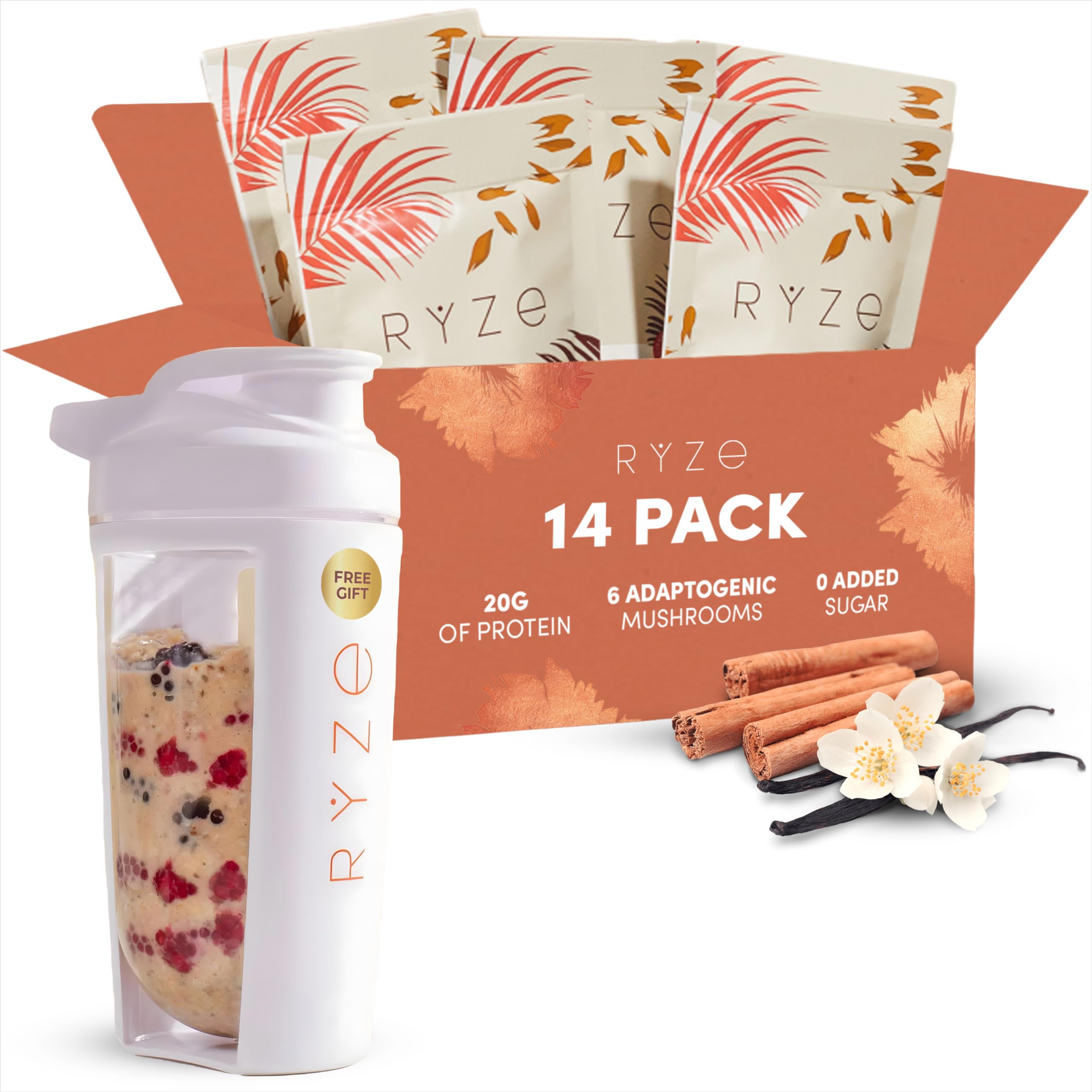 RYZE SUPERFOODS Mushroom Protein Overnight Oats, Oatmeal with 6 Adaptogenic Mushrooms and 20g Grass-Fed Whey Protein & Chia Seeds, Lions Mane, Turkey Tail, Shiitake, Reishi, Healthy Breakfast. 14 Servings.