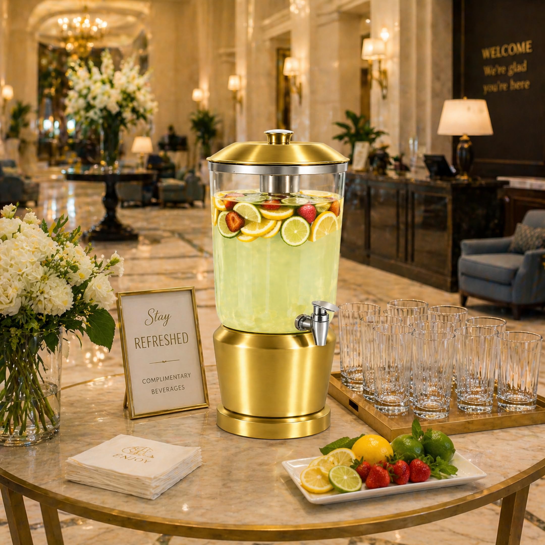 Drink Dispenser with Ice Chambers, Lemonade Tea Water Dispenser with Spigot, Stainless Steel Beverage Jar Jug, Perfect for Home Parties, Weddings, Gifts & Events (Gold, 5, Gallons)
