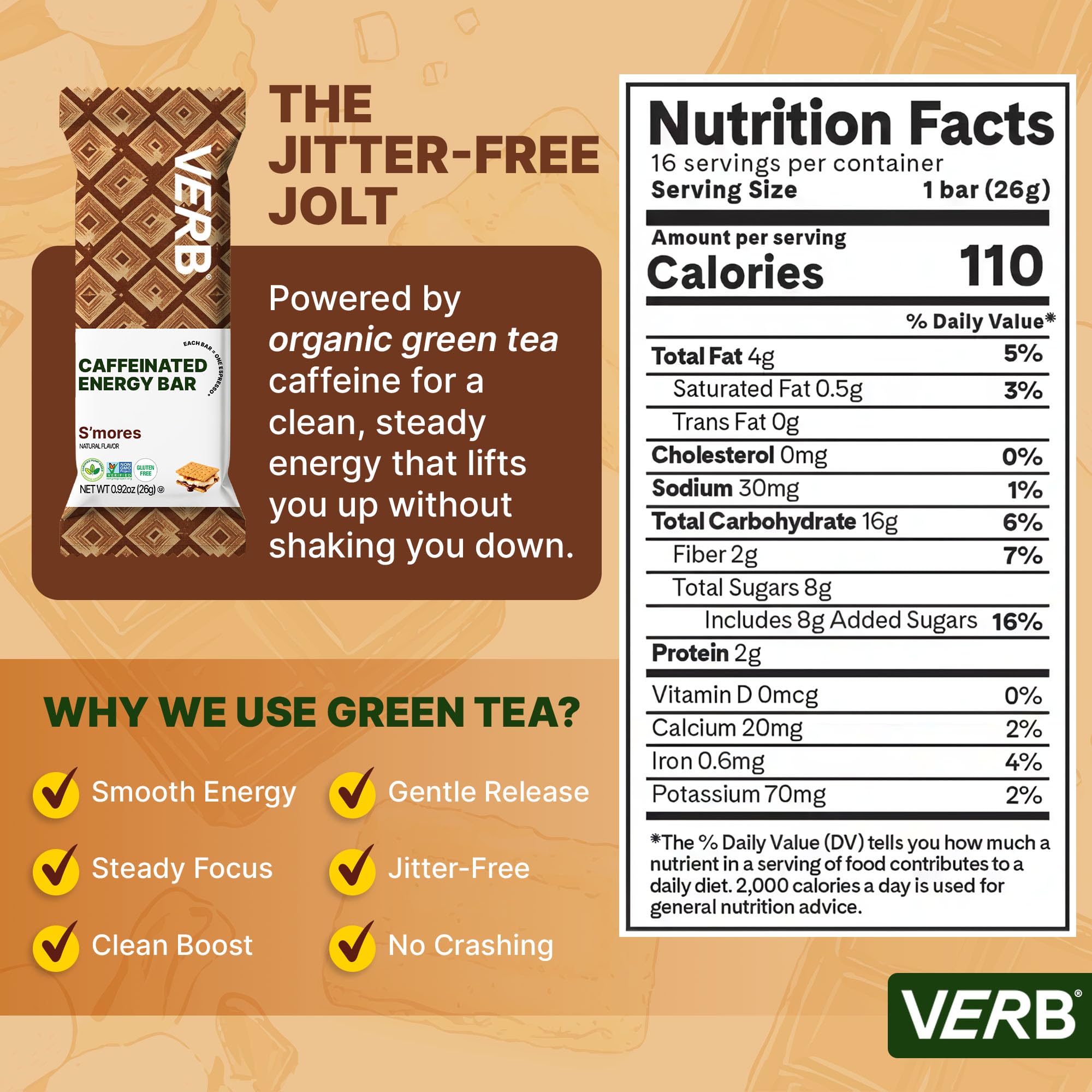 Verb Caffeinated Energy Bars Variety Pack - 2 Delicious Flavors (26g, Pack of 16) 110-Calorie Delicious Low Sugar Energy Bar, Vegan & Gluten Free On-the Go Snack with 80mg Green Tea Caffeine