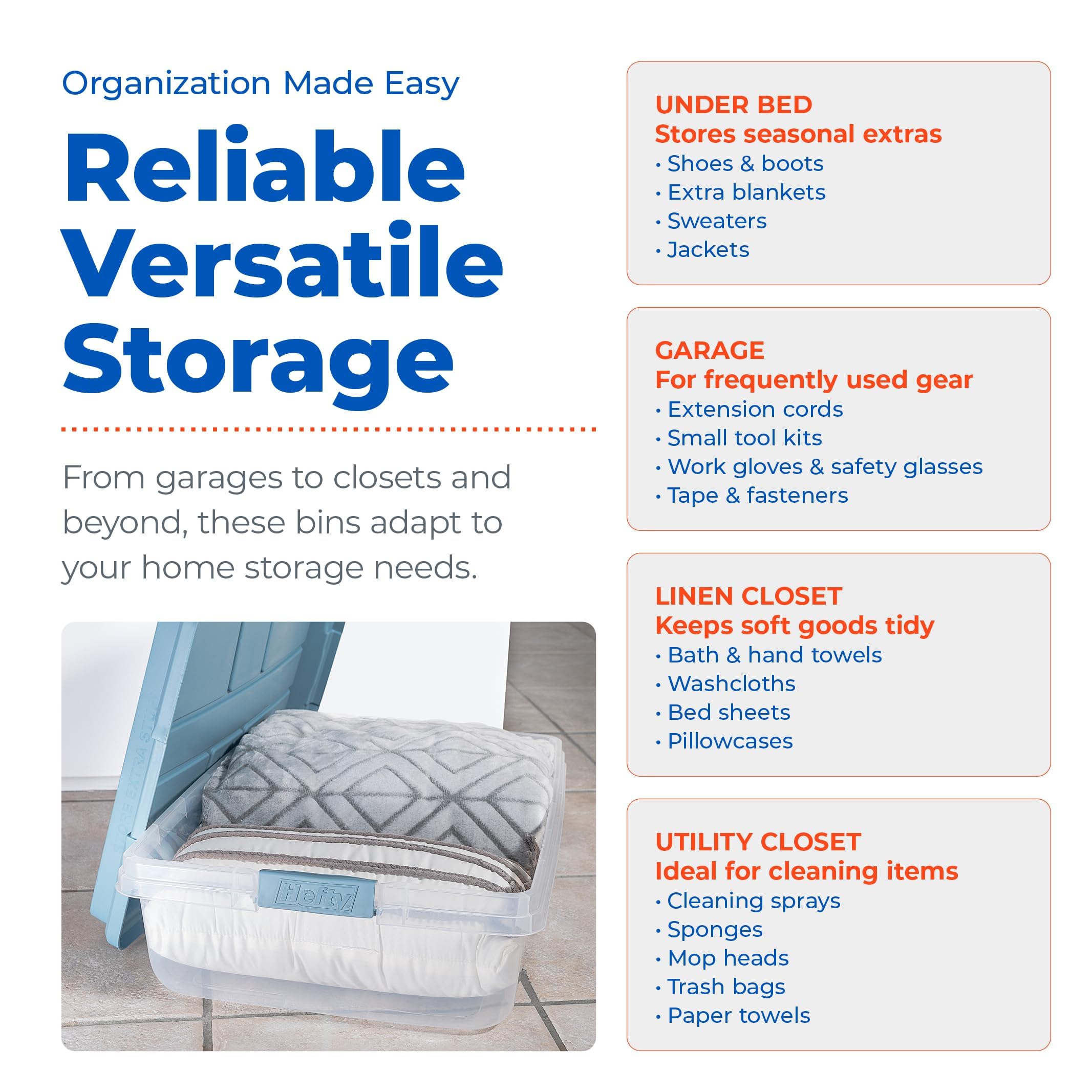 Hefty HI-RISE 40 Qt Stackable Storage Bins with Lids – 6 Pack Clear Plastic Under Bed Storage Containers, Shoe Organizer Boxes with XL Lid-Locking Latches, Comfort-Grip Handles, Durable Double Rim
