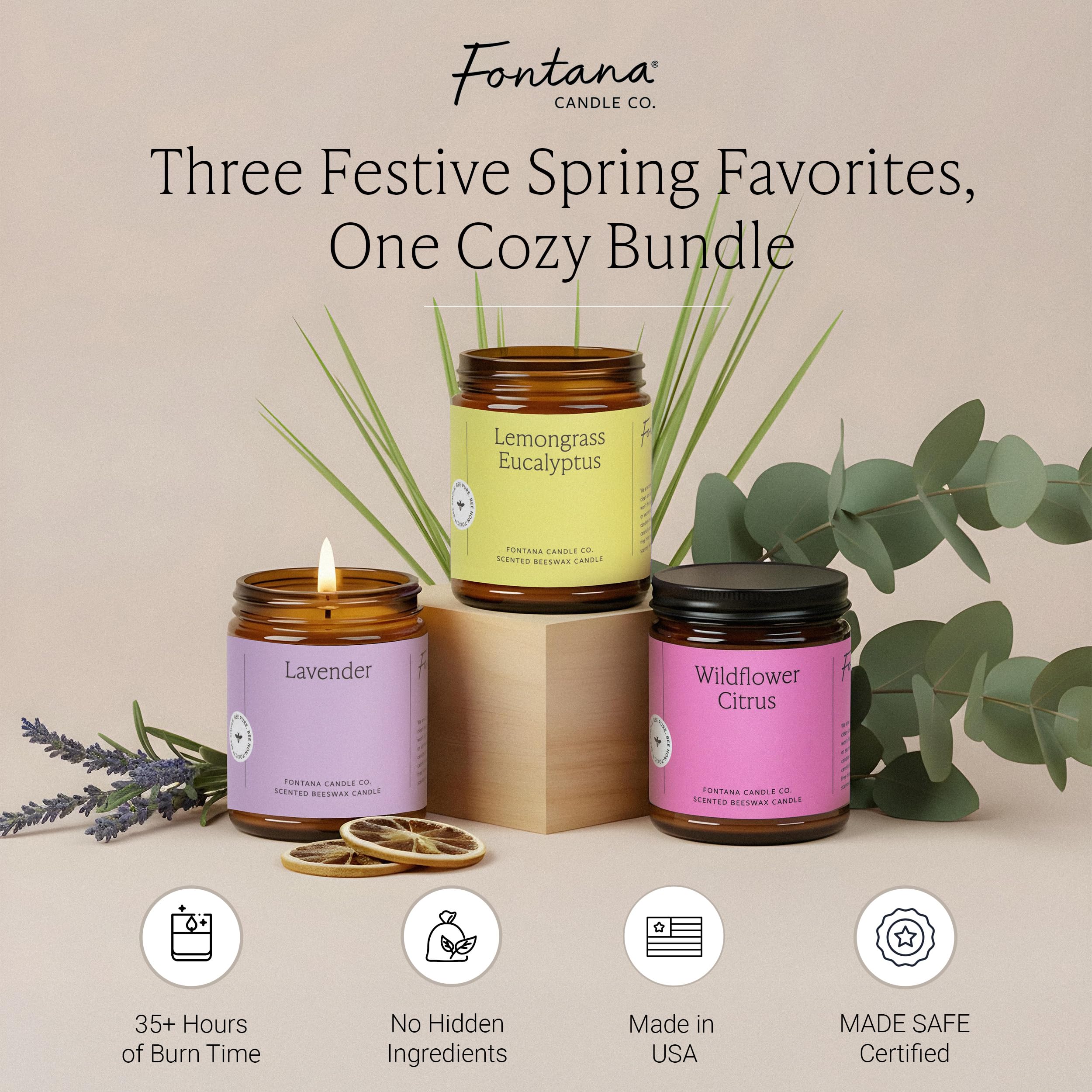 Fontana Candle Co Wood Wick Beeswax Jar Candle, Spring Bundle – Made Safe with Coconut Oil & Pure Essential Oils – 35+ Hrs Clean Burn, Long Lasting and Non-Toxic Candles for Home & Room Decor