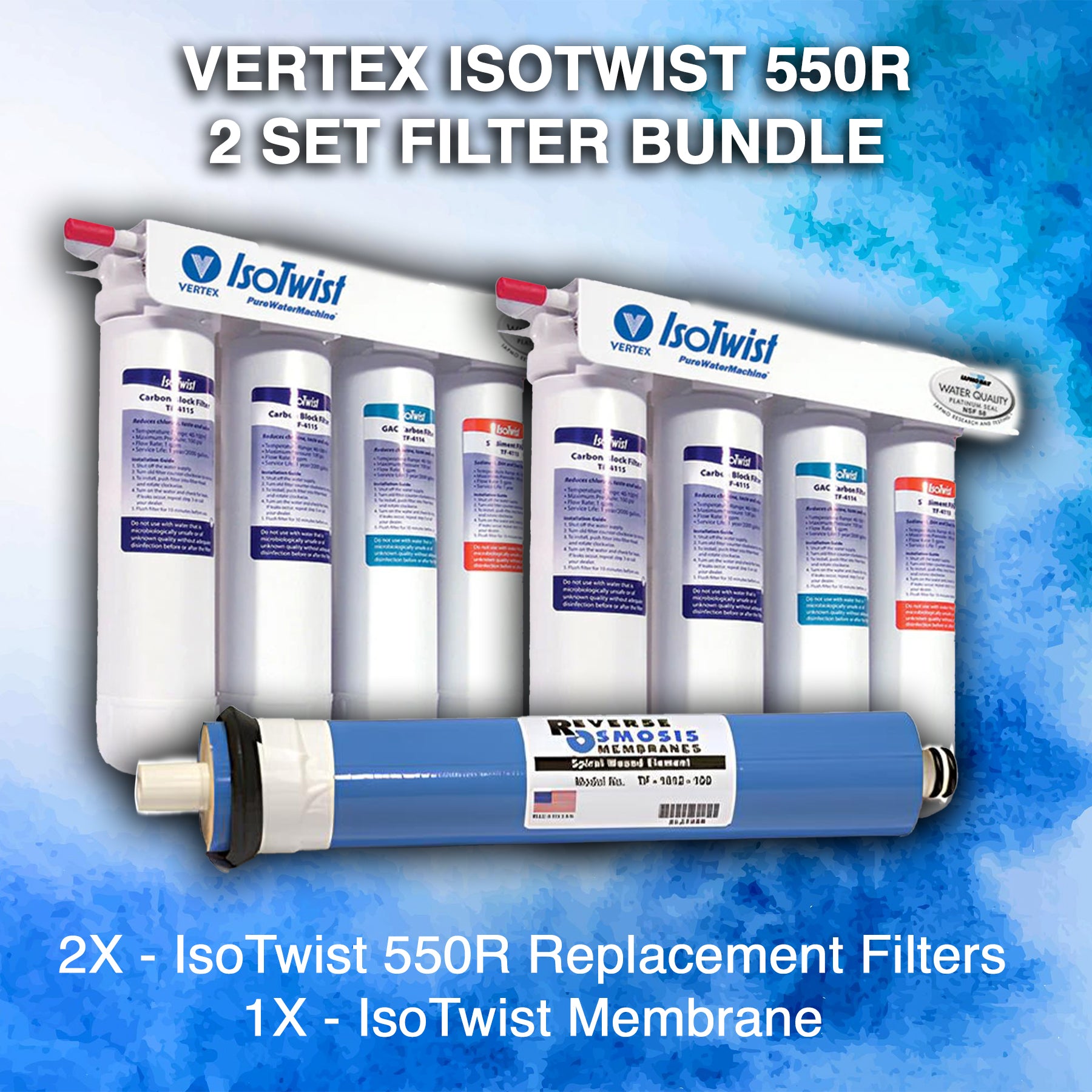 An image showcasing a set of Vertex IsoTwist 550R water filter replacement cartridges, including two with red caps and one blue membrane cartridge, against a blue background with water droplets.