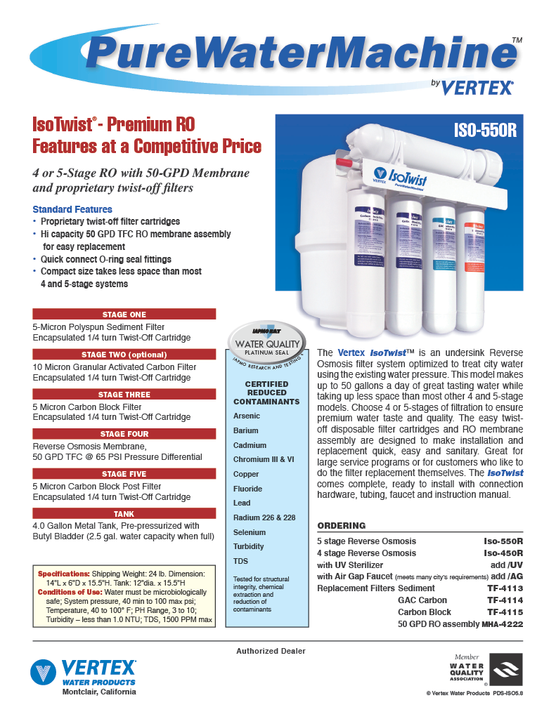 Vertex IsoTwist™ 5 Stage undersink Reverse Osmosis Water Filter Systems