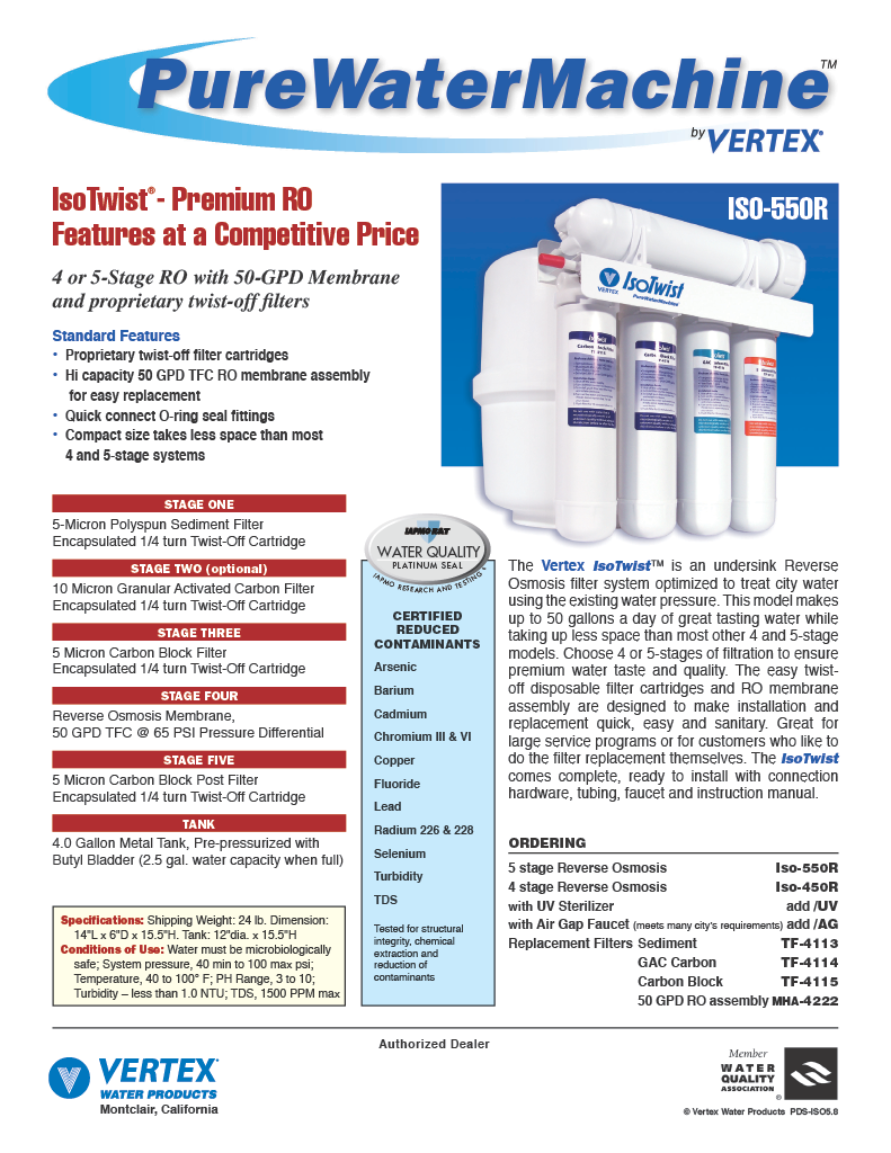 Vertex IsoTwist™ 4 Stage undersink Reverse Osmosis Water Filter Systems
